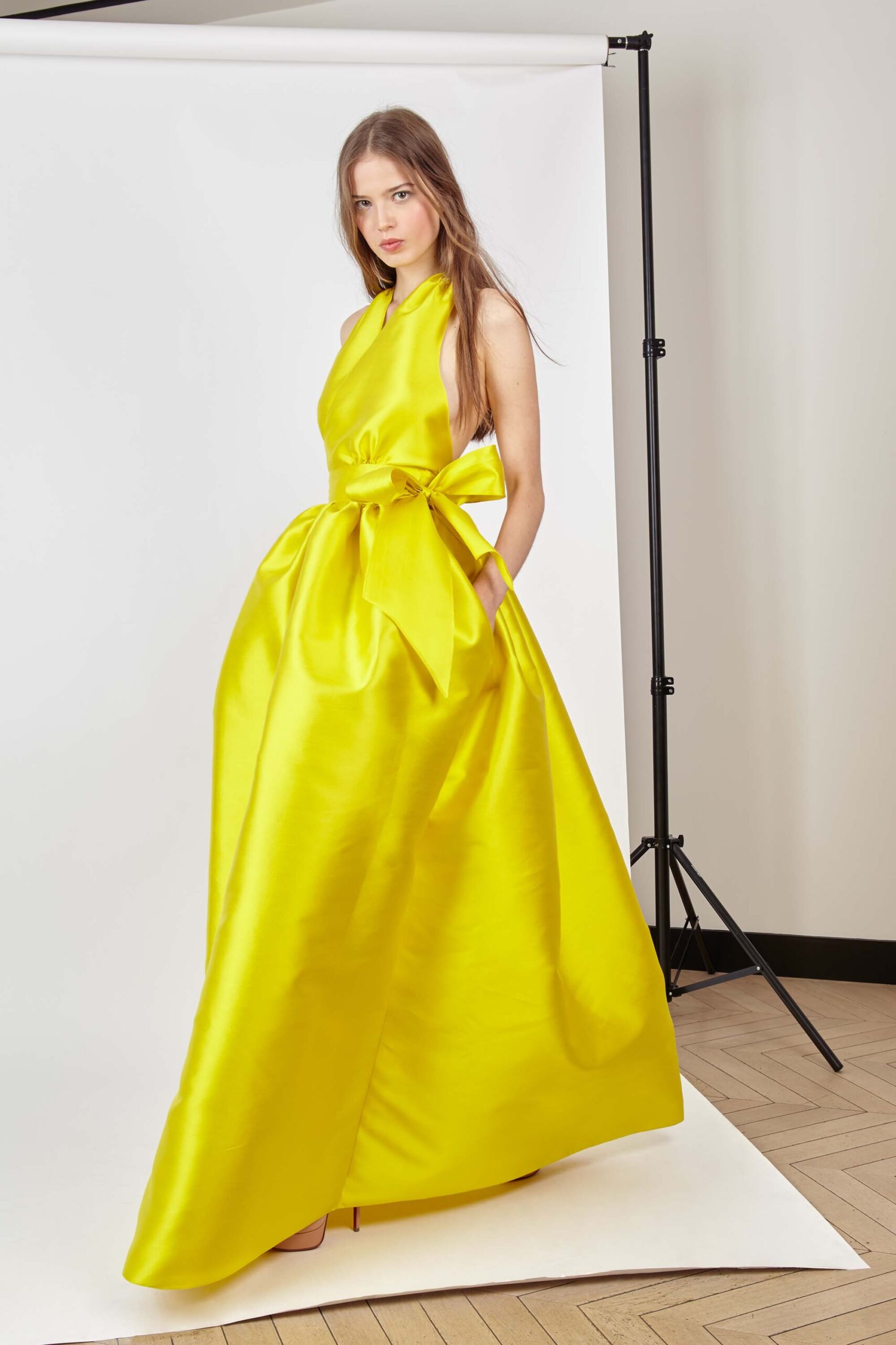 yellow silk sleeveless gown