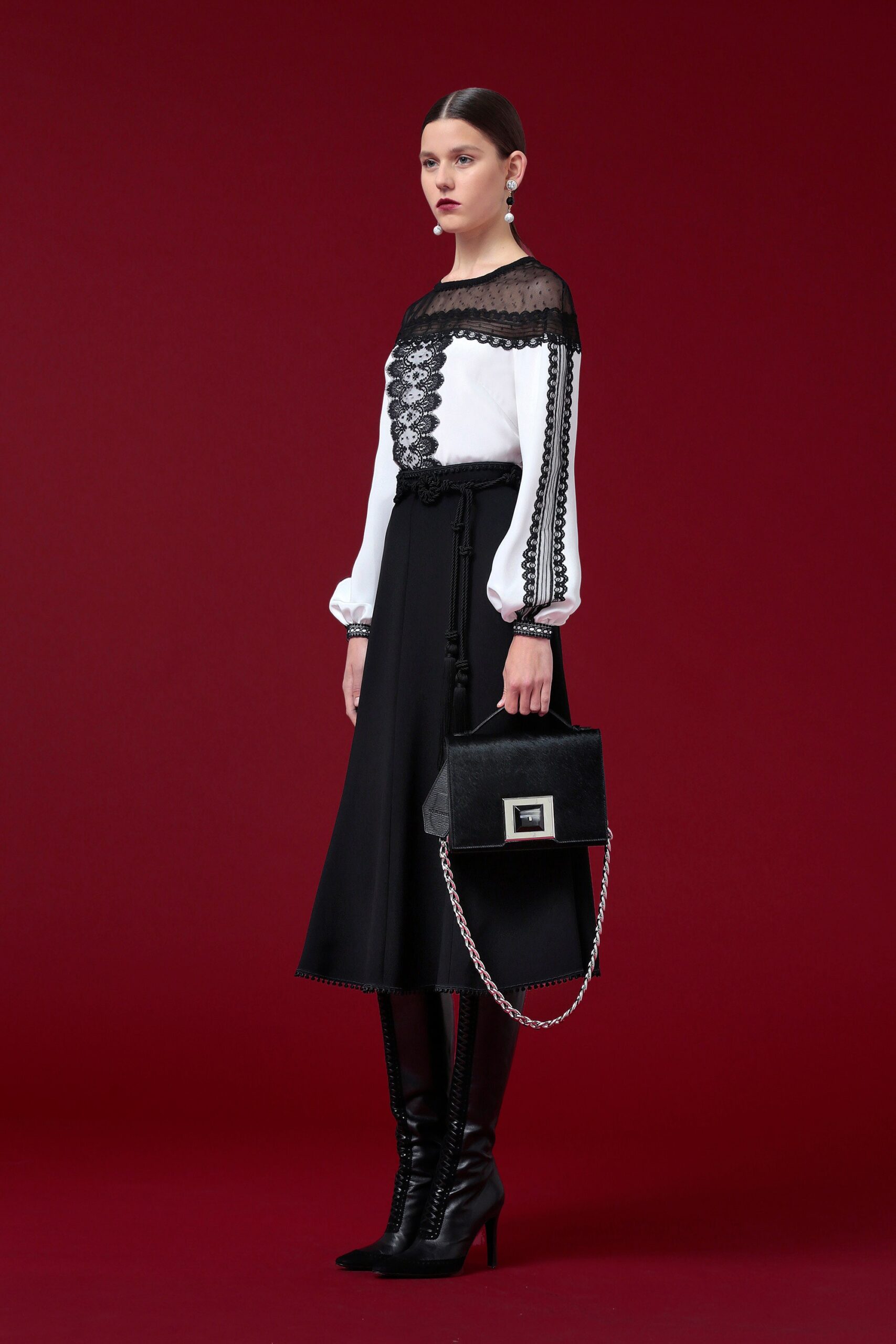 black and white fitted blouse and skirt