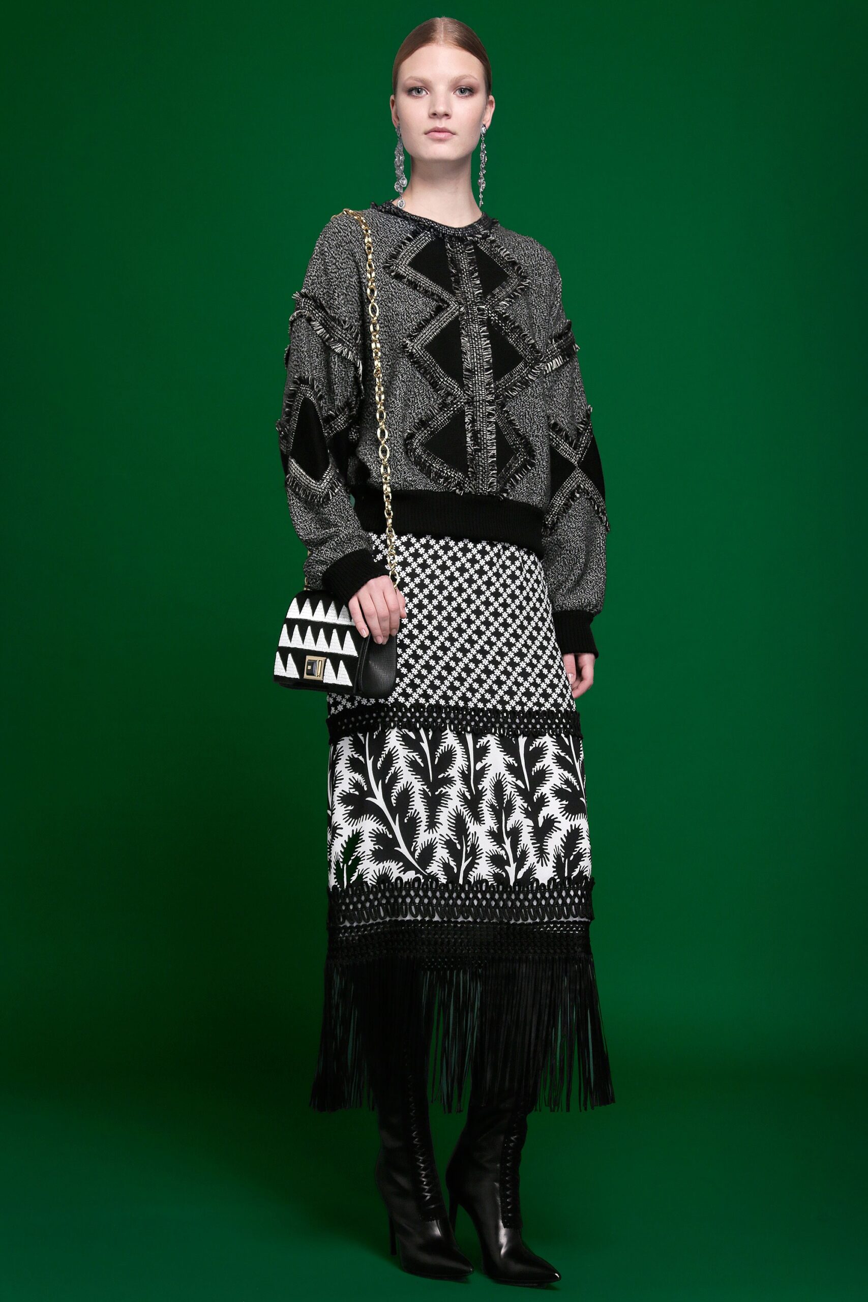 black and white layered sweater and midi skirt