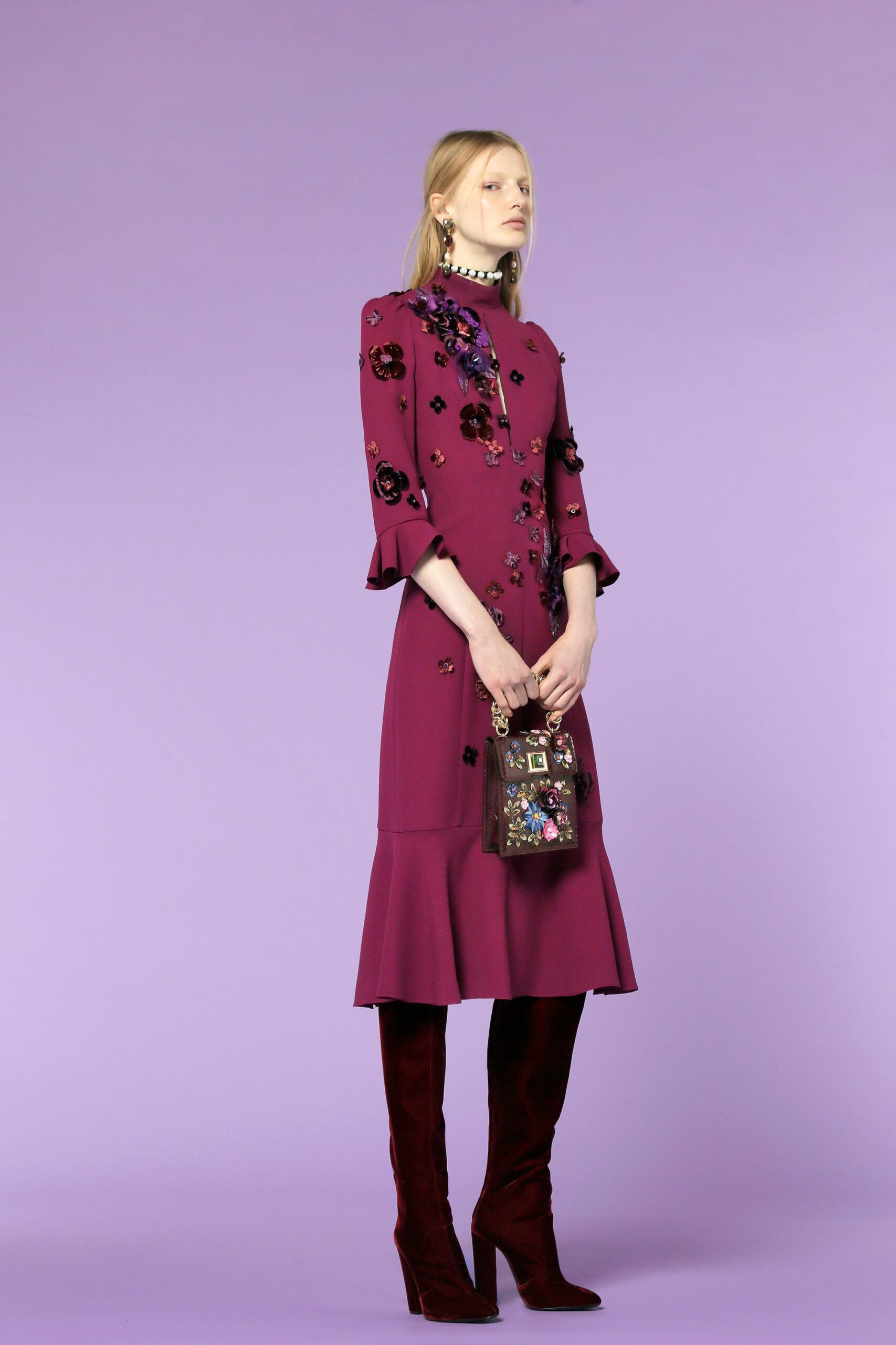 fitted purple embroidered midi dress