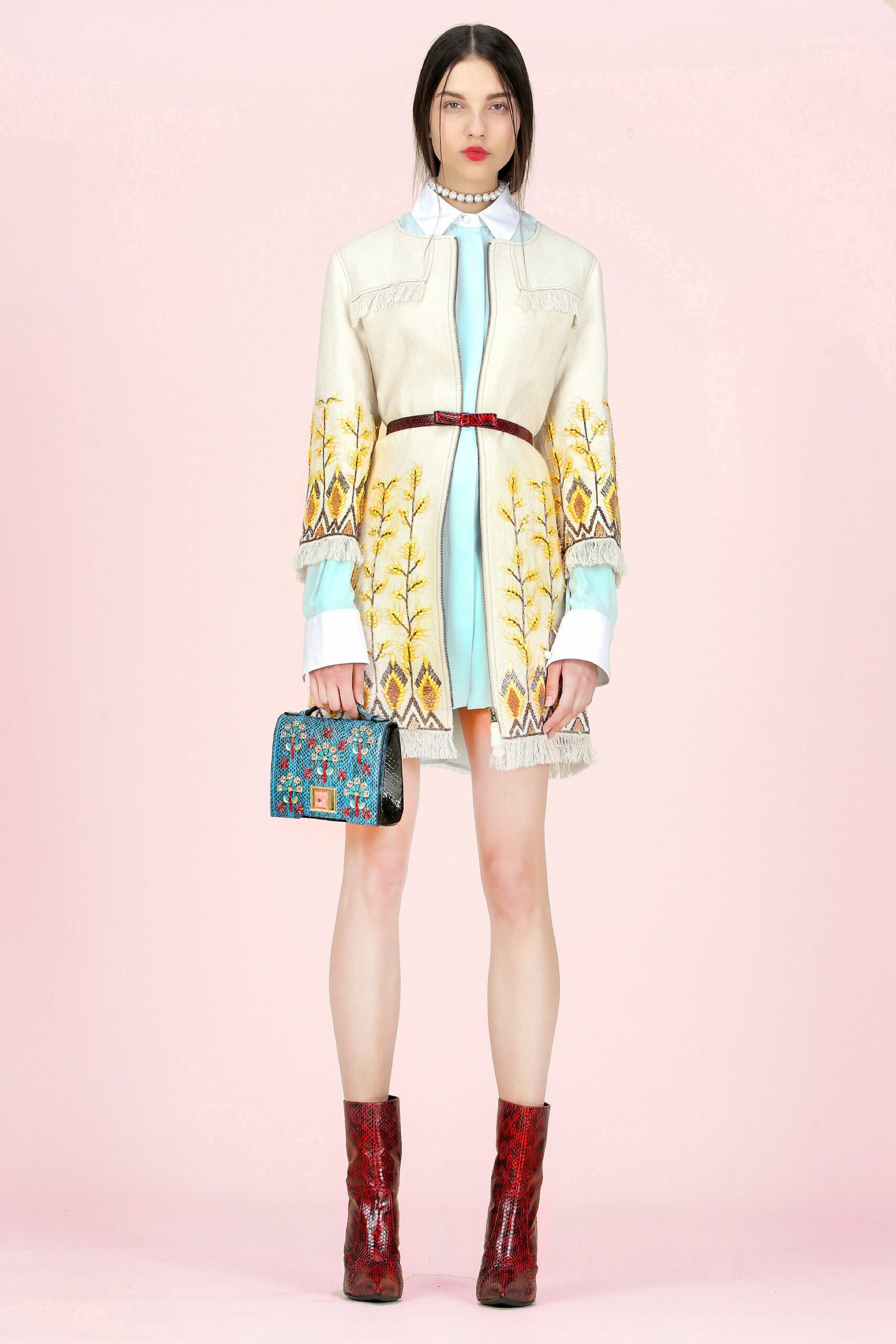 beige cotton long-sleeve collared fitted embroidered belted dress