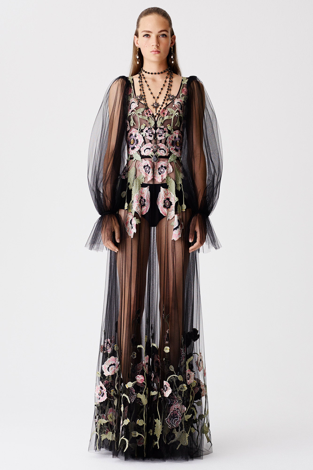 black sheer embroidered gown