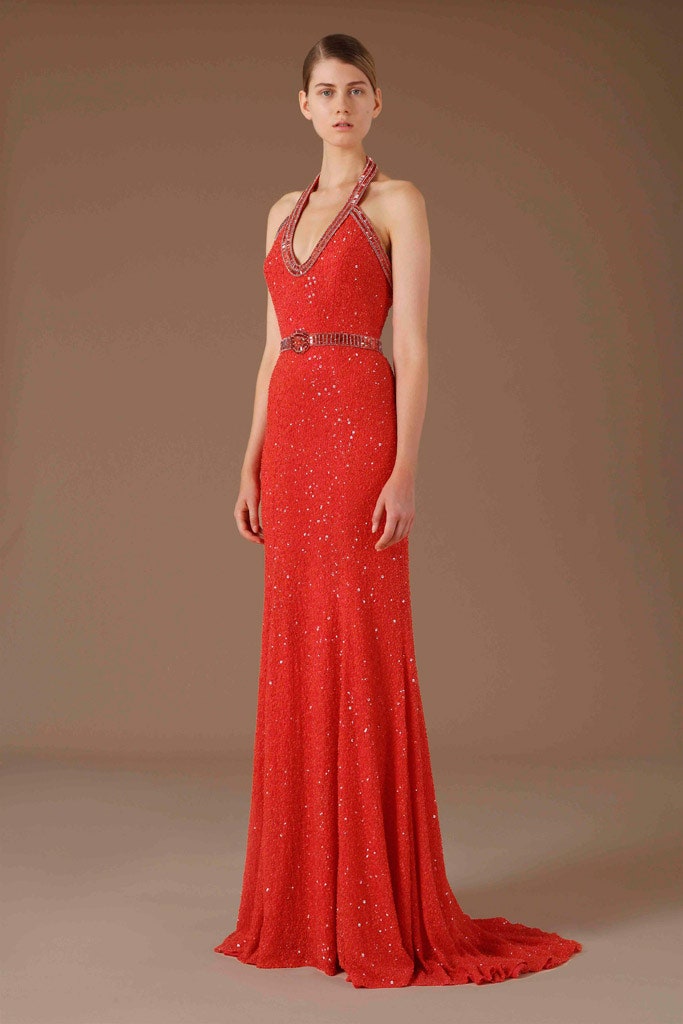 red sequined sleeveless gown