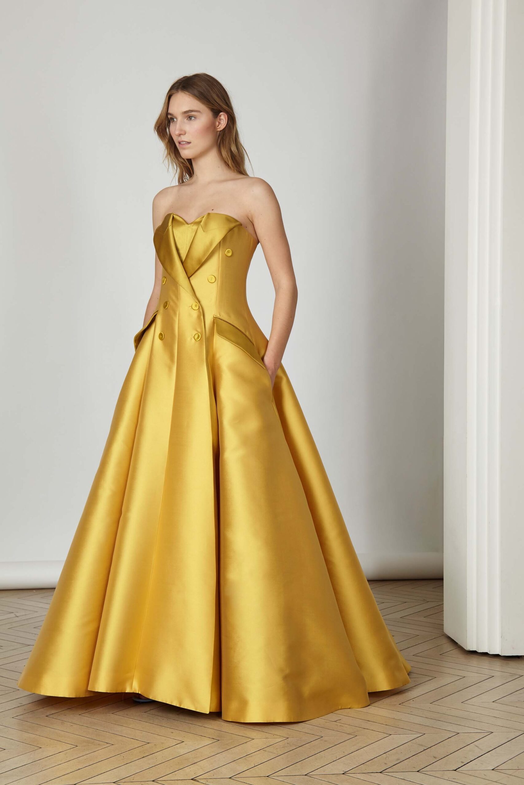 yellow silk strapless gown