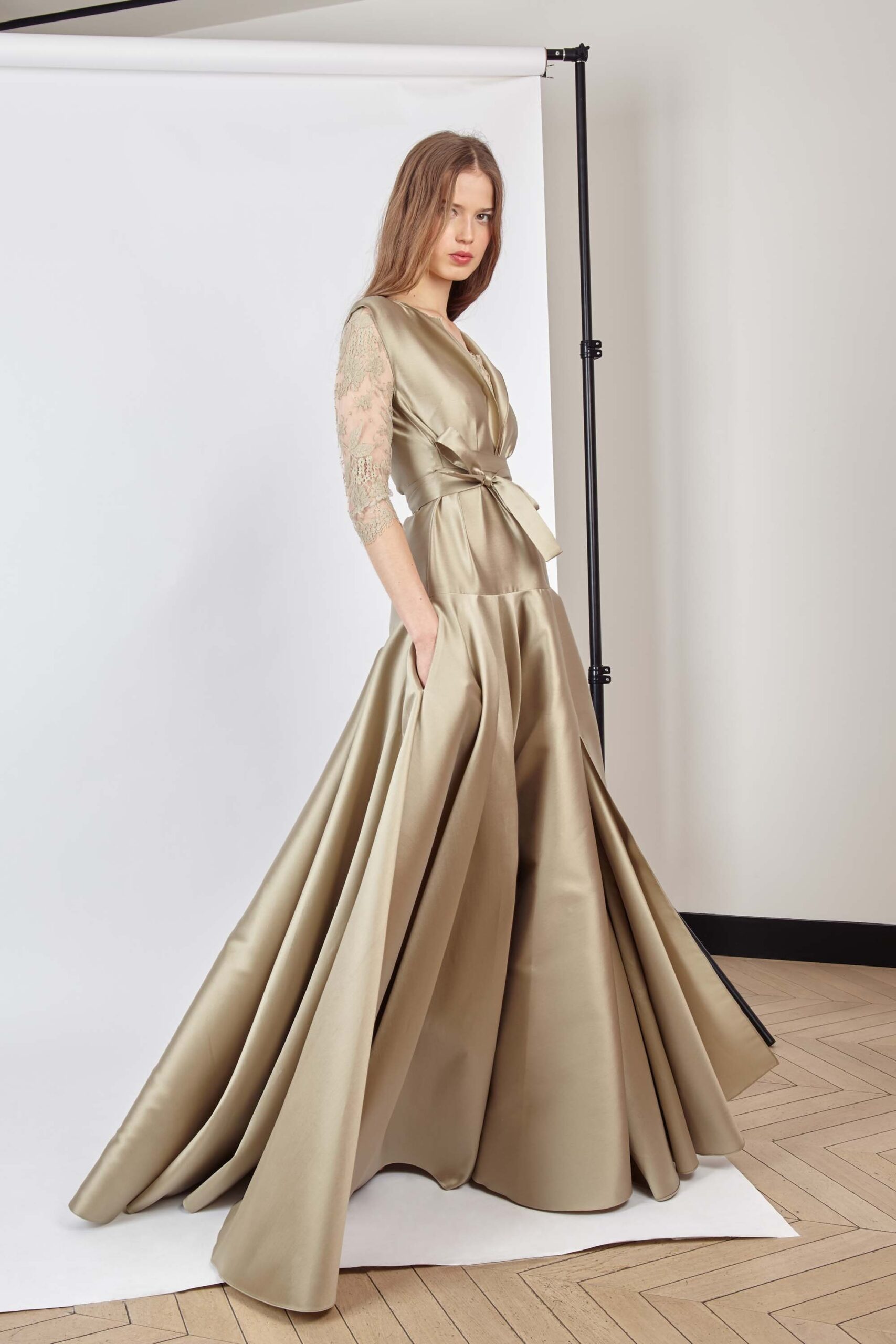beige silk pleated gown