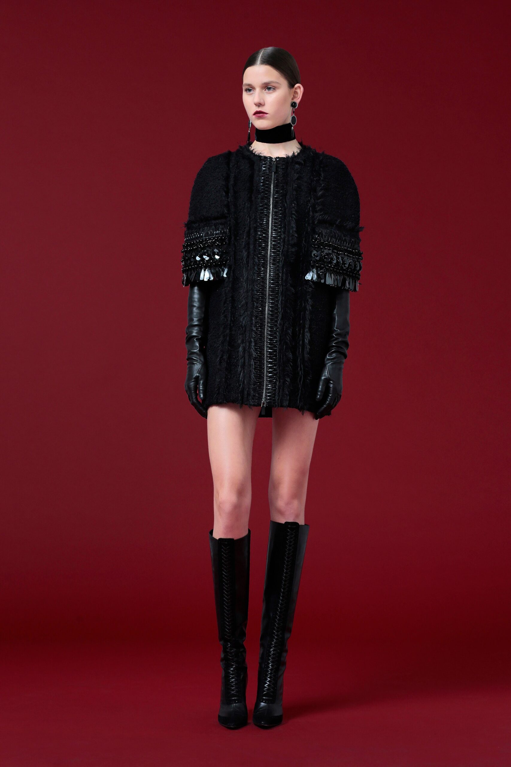 black silk mini dress with coat