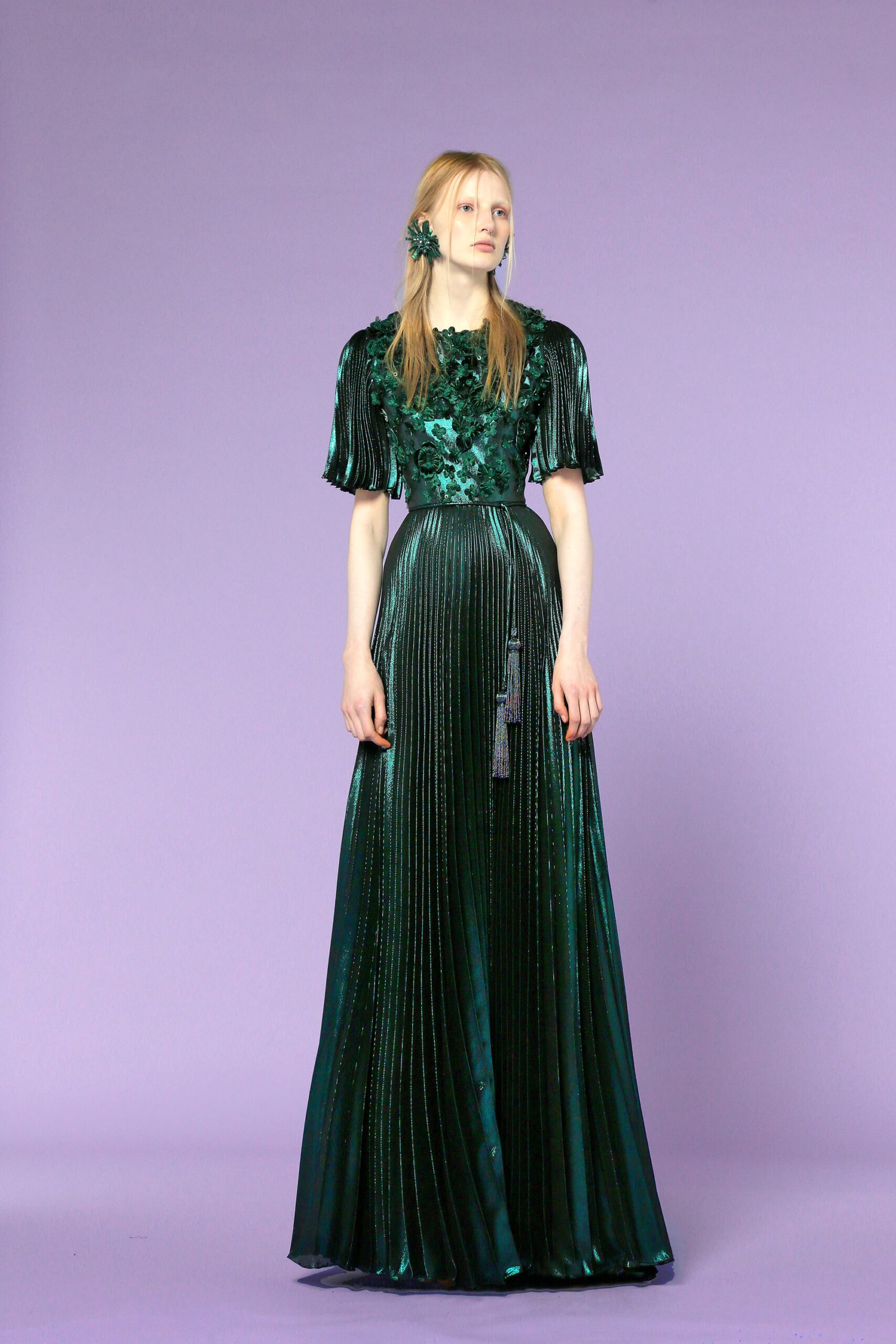 green silk pleated gown