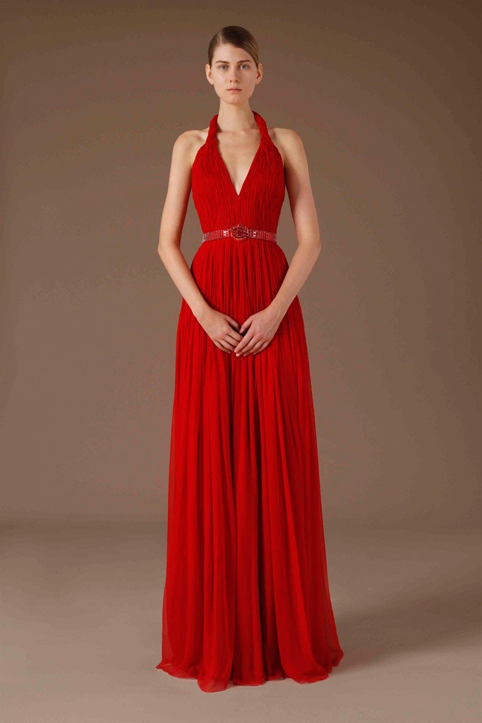 red silk sleeveless gown