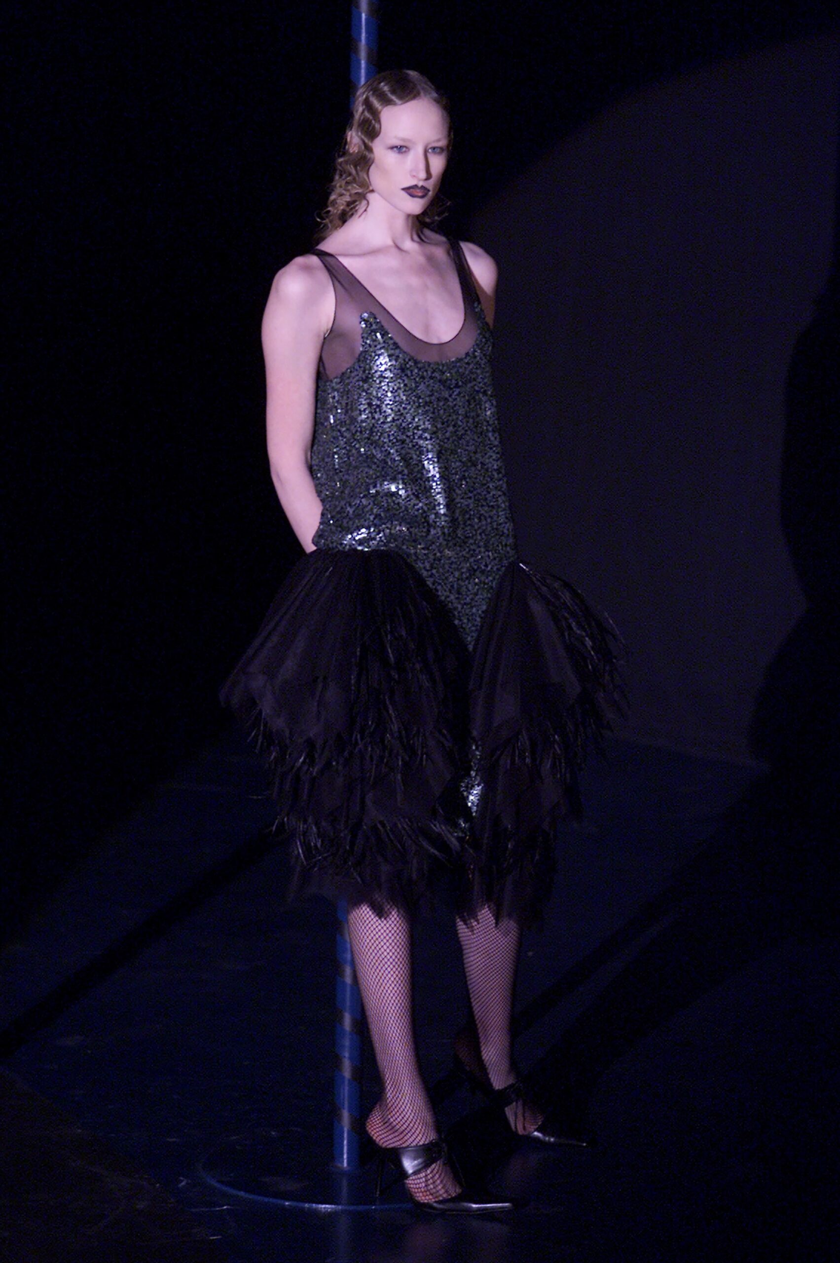 black sequin feathered mini dress