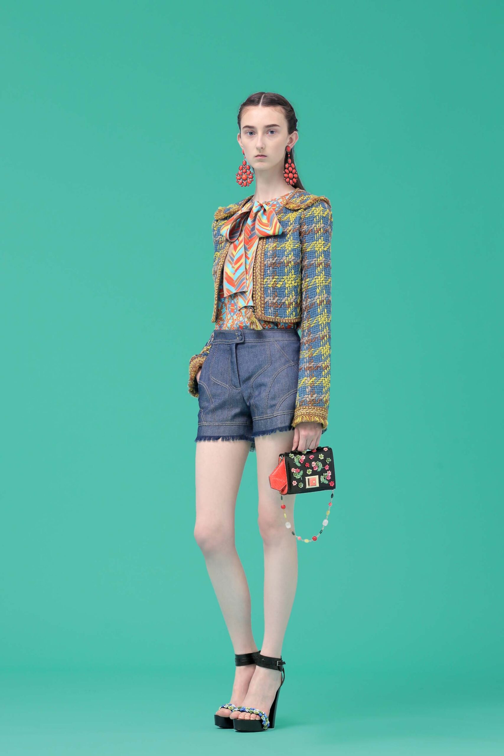 blue tweed jacket with denim shorts