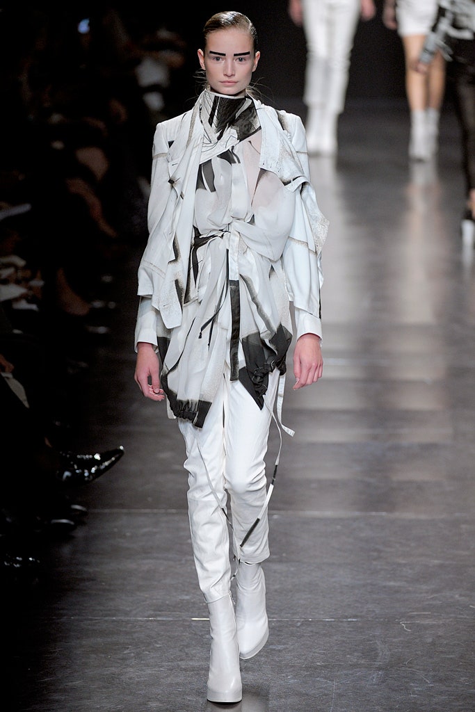white silk long-sleeve collared fitted draped layered jacket
