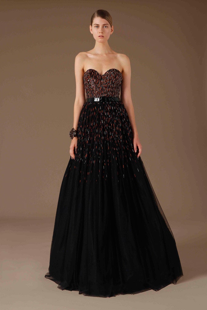 black beaded strapless gown