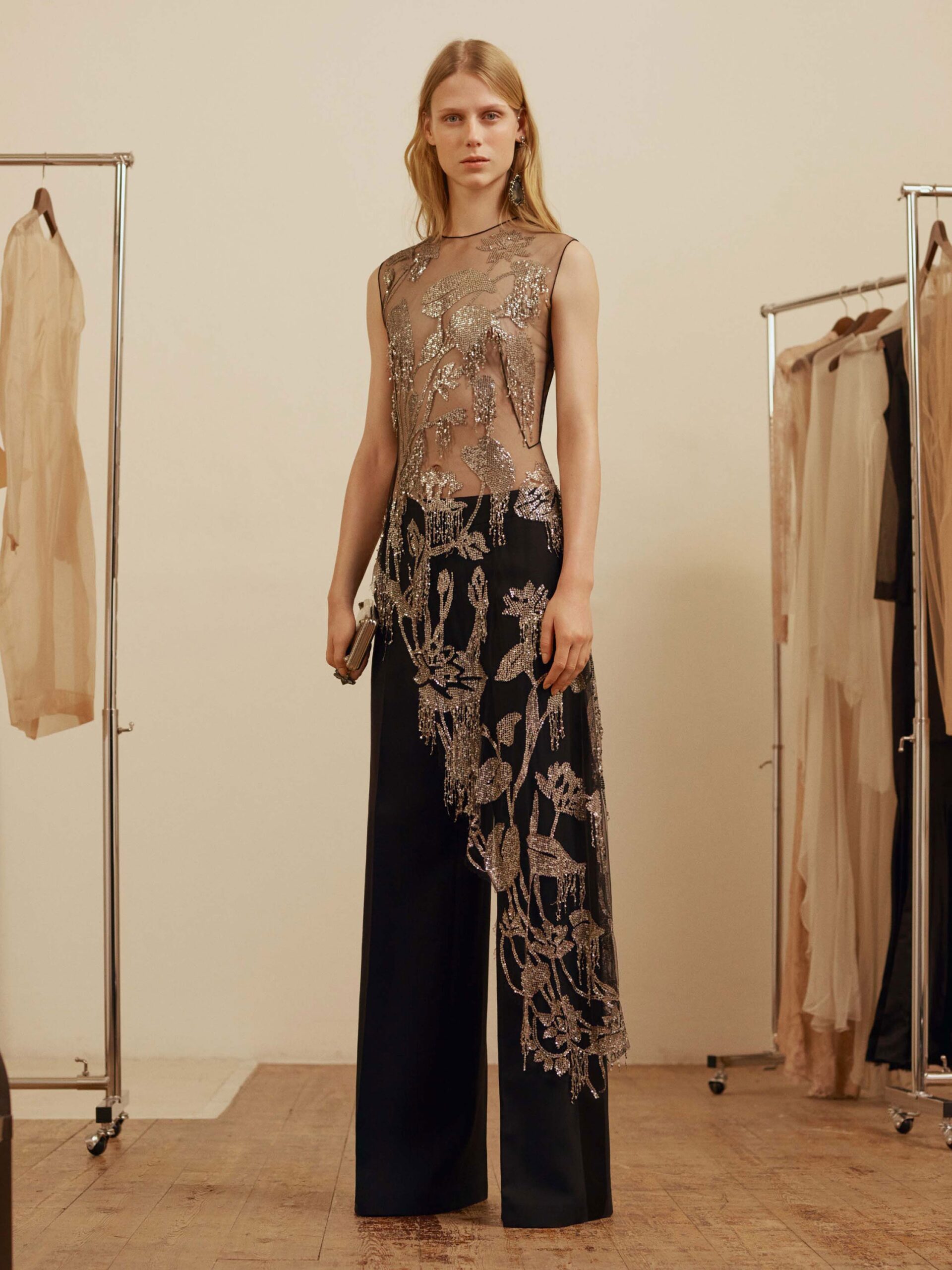 black silk sleeveless high-neck fitted embroidered top