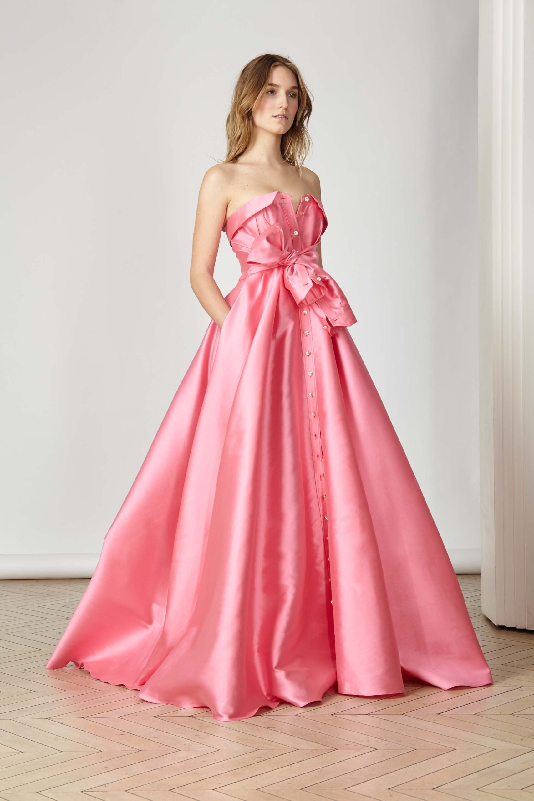 pink satin strapless gown