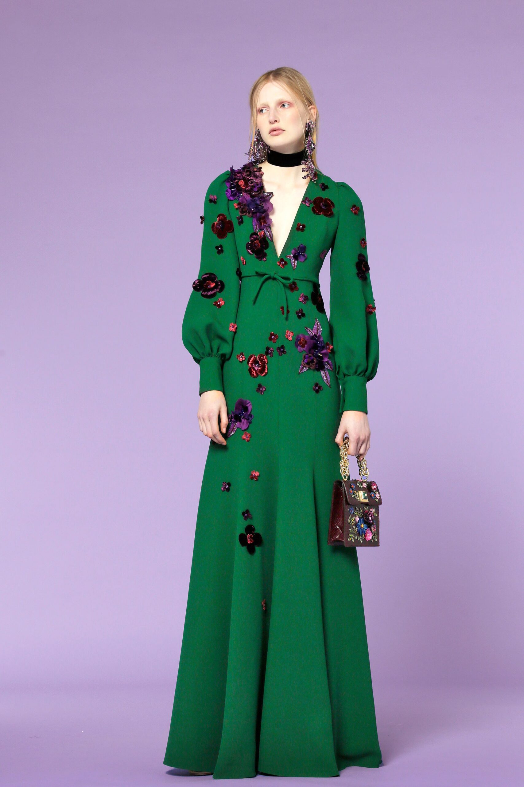 green embroidered long-sleeve gown