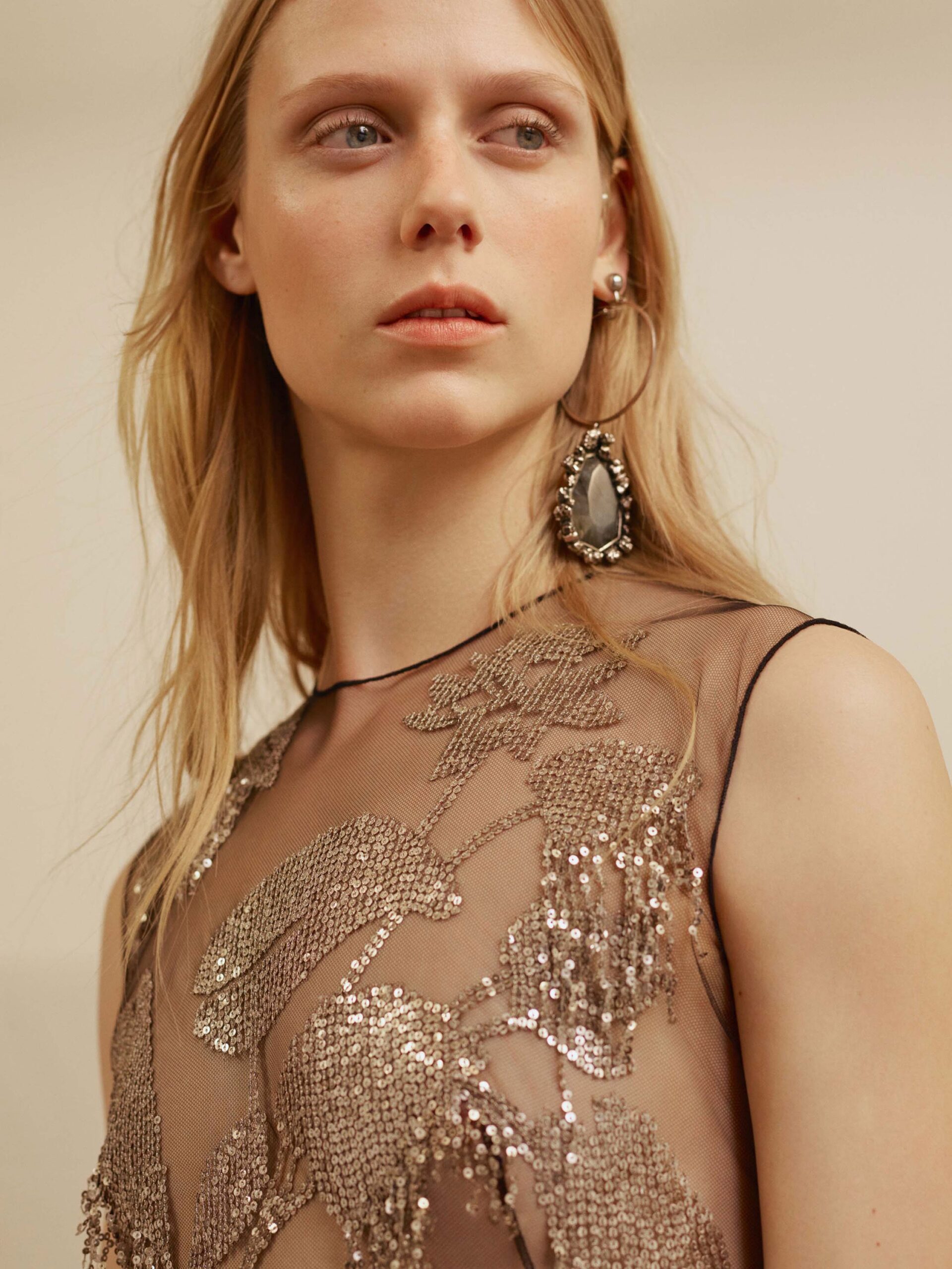 beige gold sleeveless embroidered dress