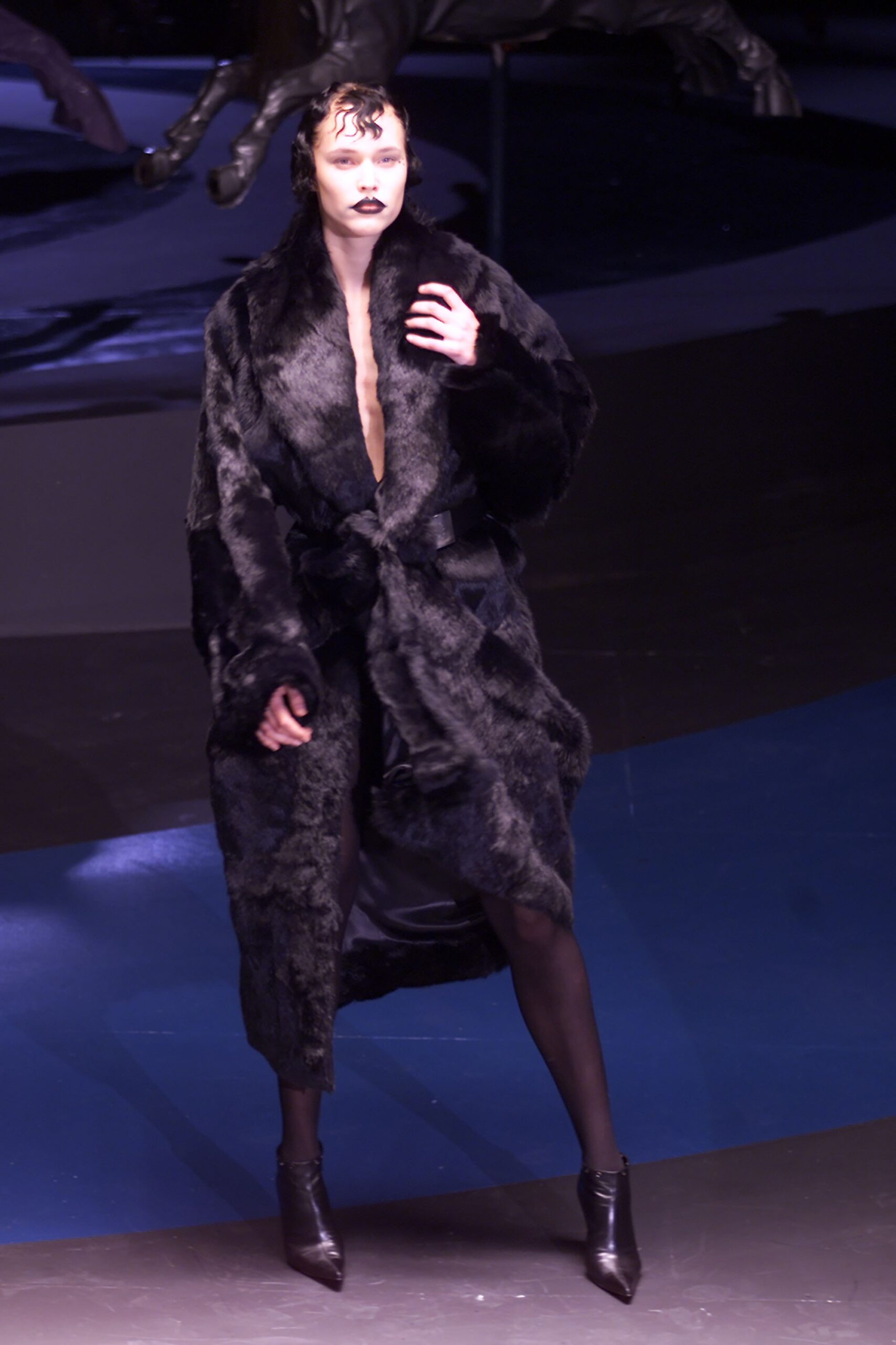 black faux-fur coat with mini dress