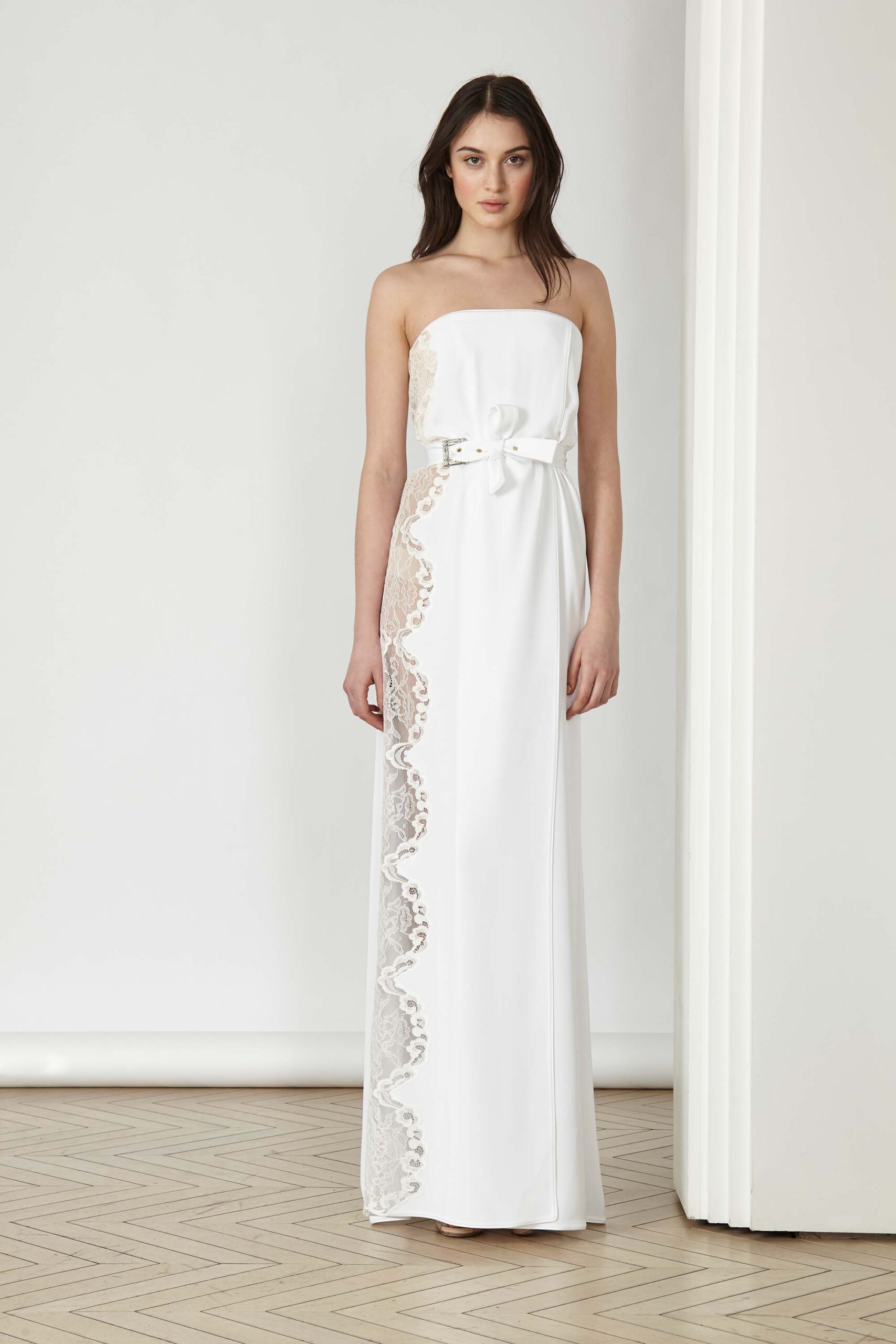 white strapless embroidered gown