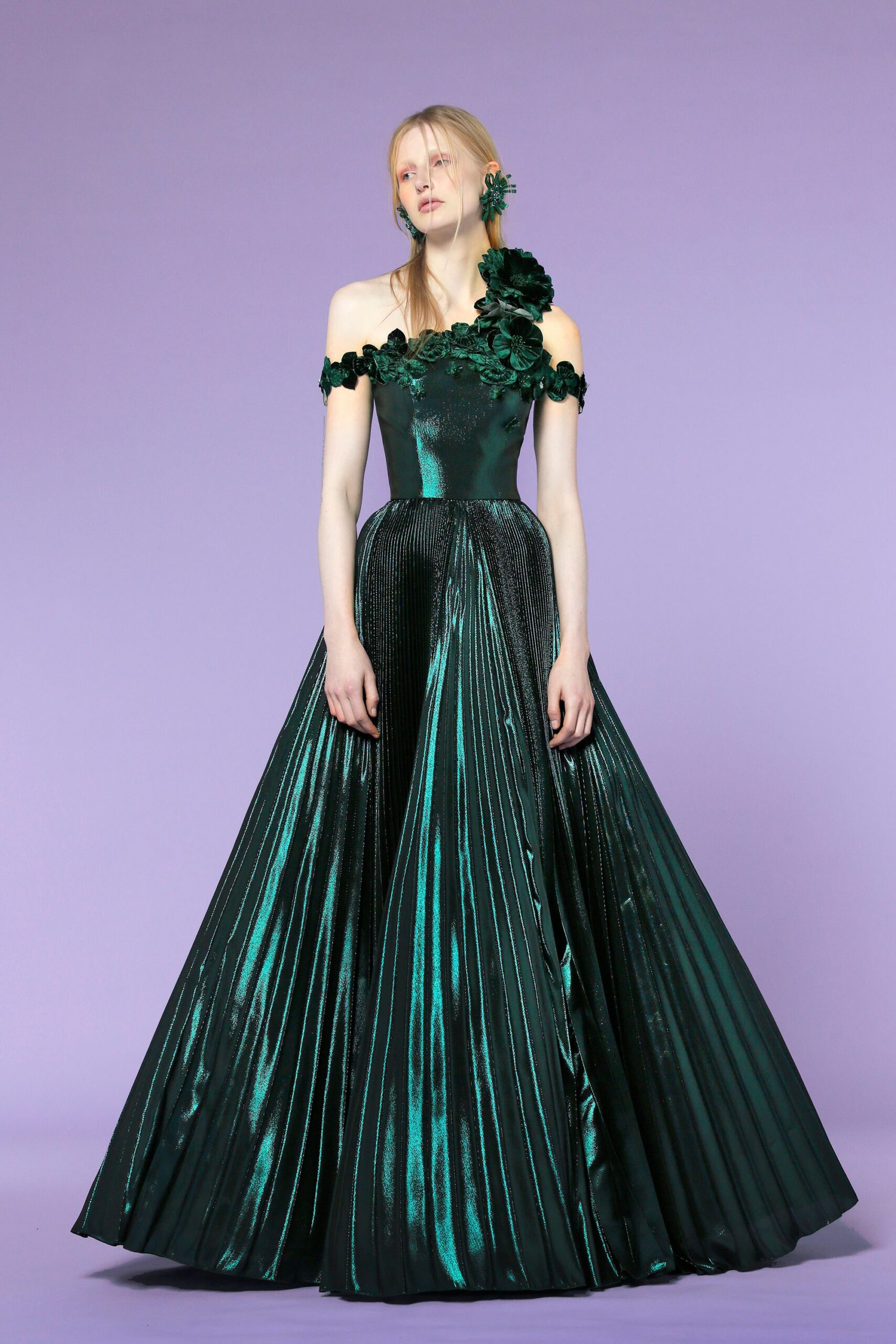 green silk off-shoulder gown