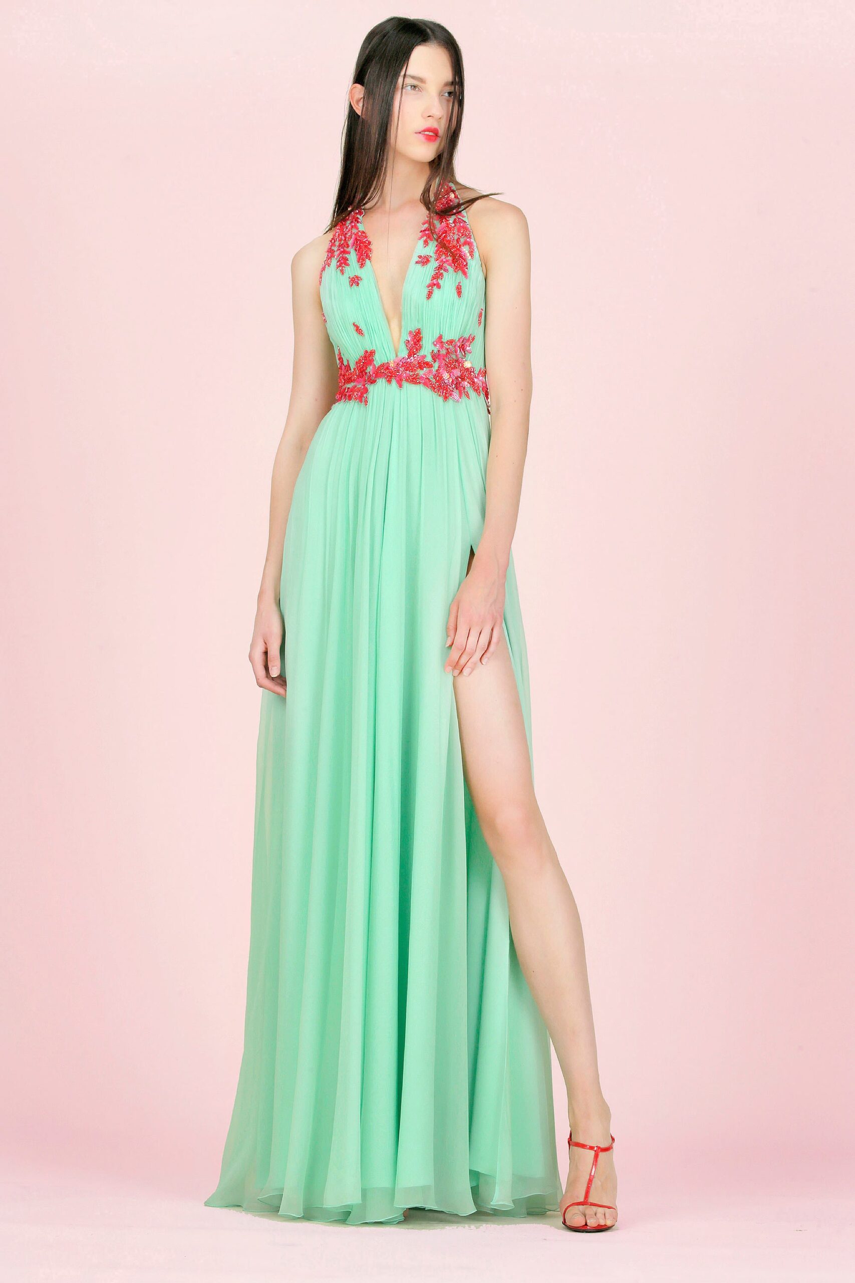 green chiffon sleeveless gown