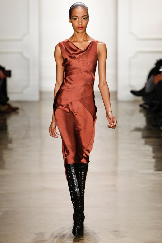 brown silk draped midi dress with black boots