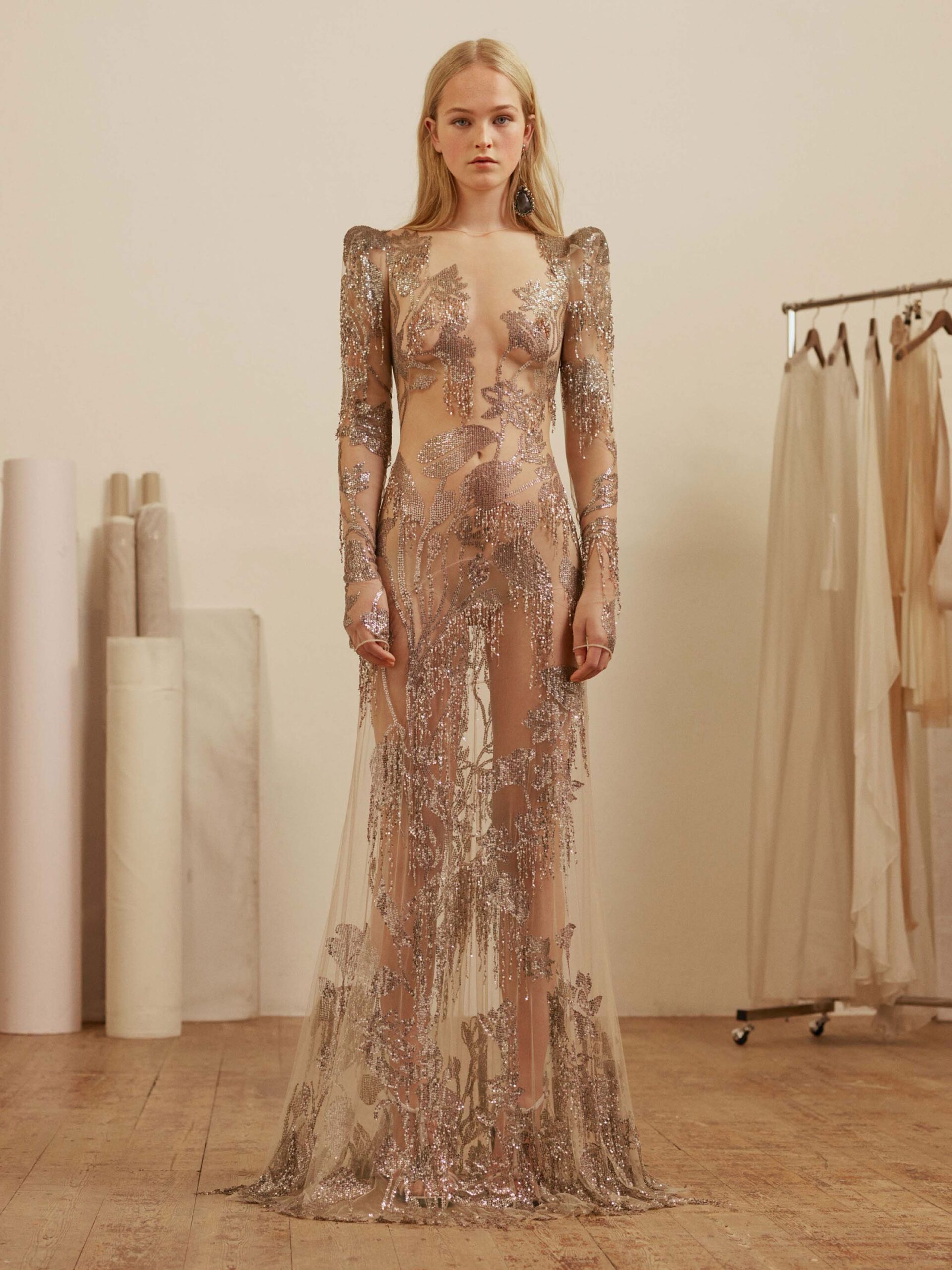 sheer gold embroidered gown