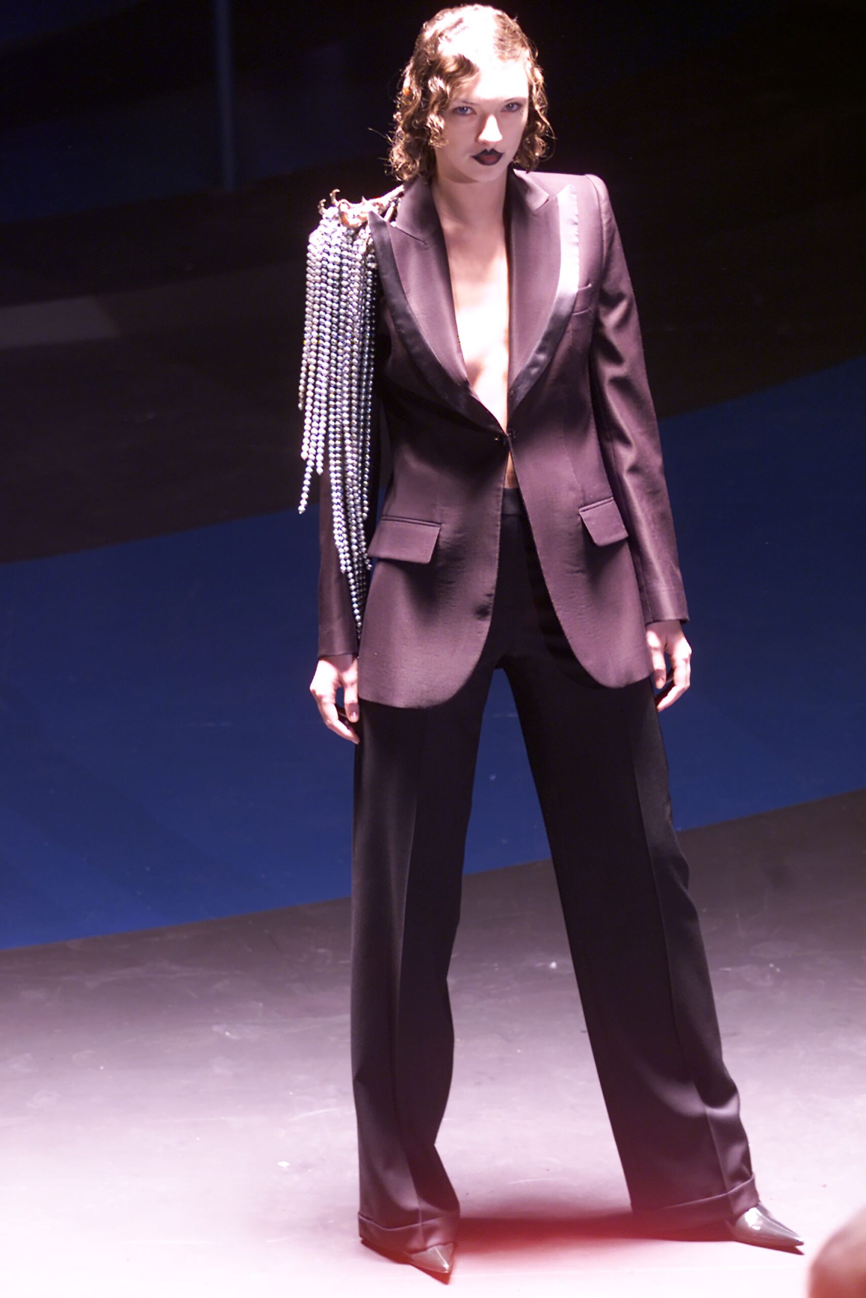 black satin tailored blazer and relaxed pants