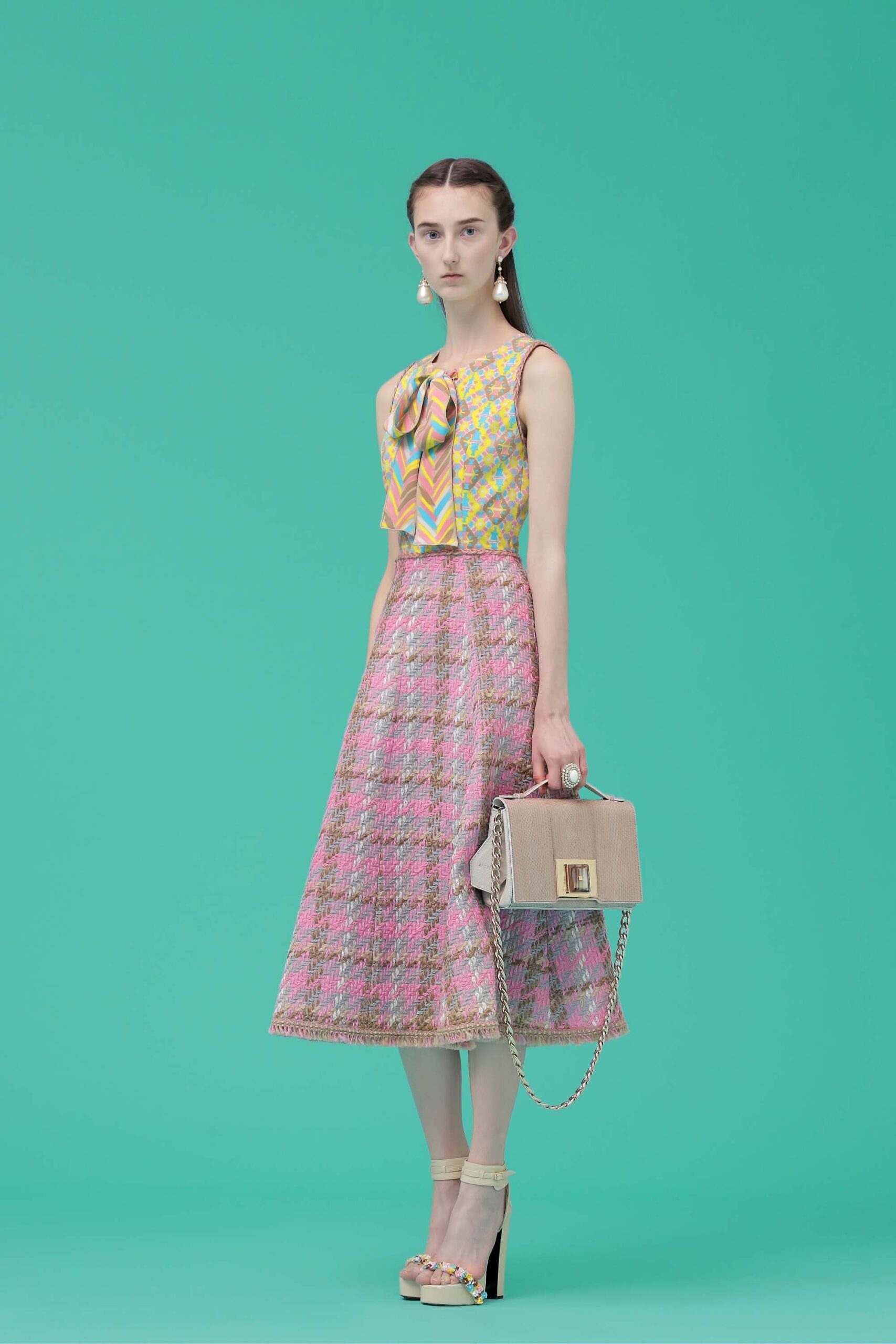 colorful printed top with pleated midi skirt
