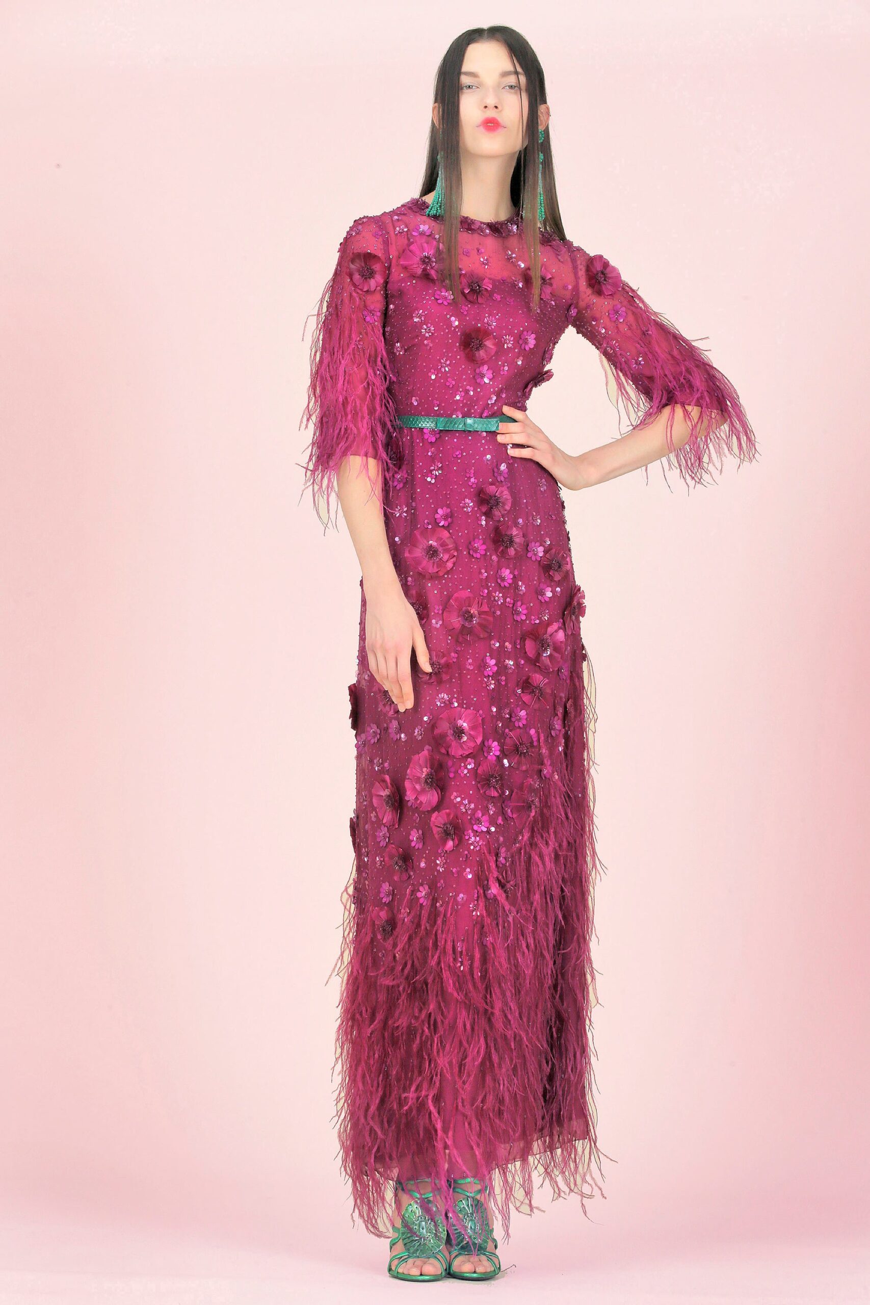 pink fringed beaded gown