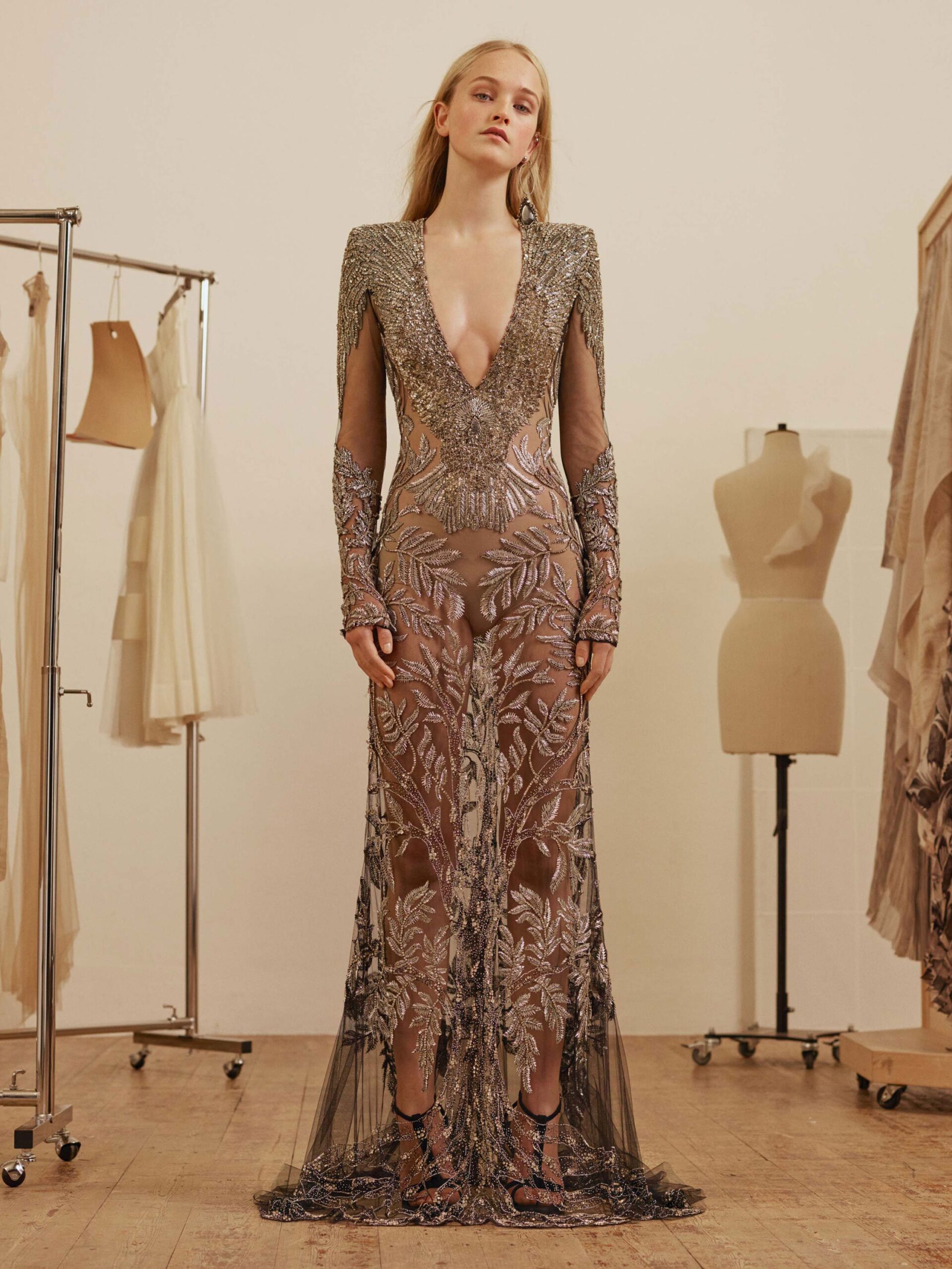 beige gold embroidered sheer gown