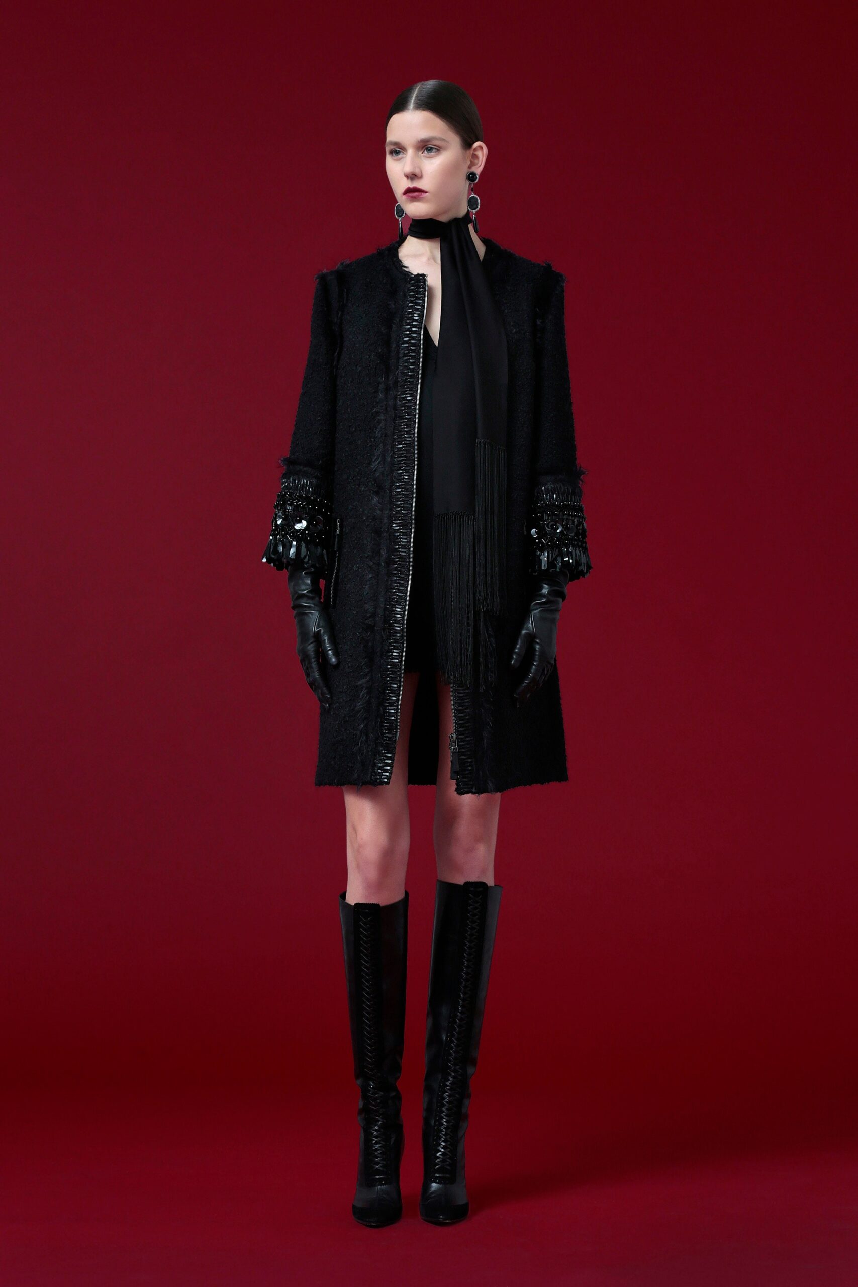 black wool coat and silk dress