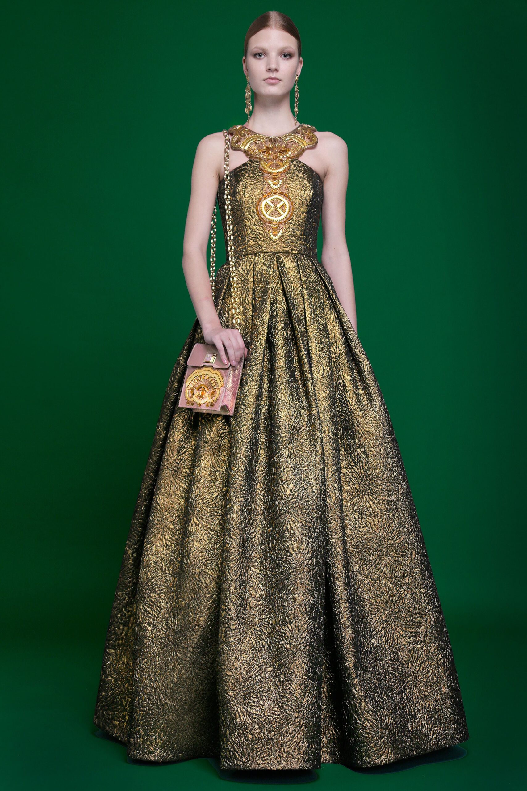 gold embroidered sleeveless gown