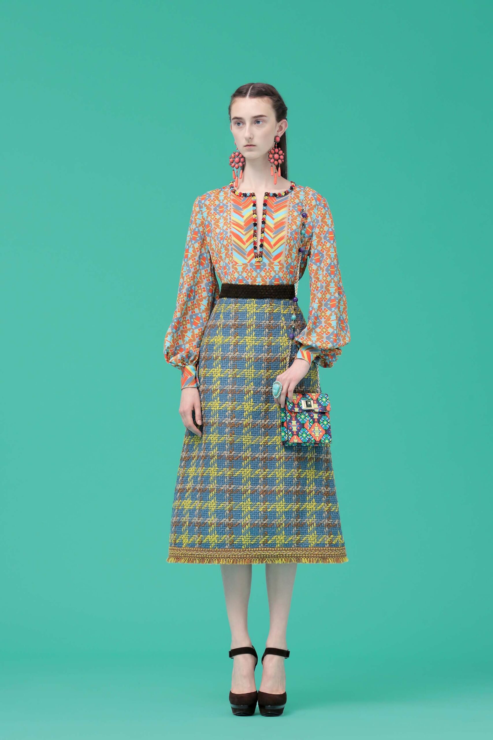 printed blouse and pencil skirt