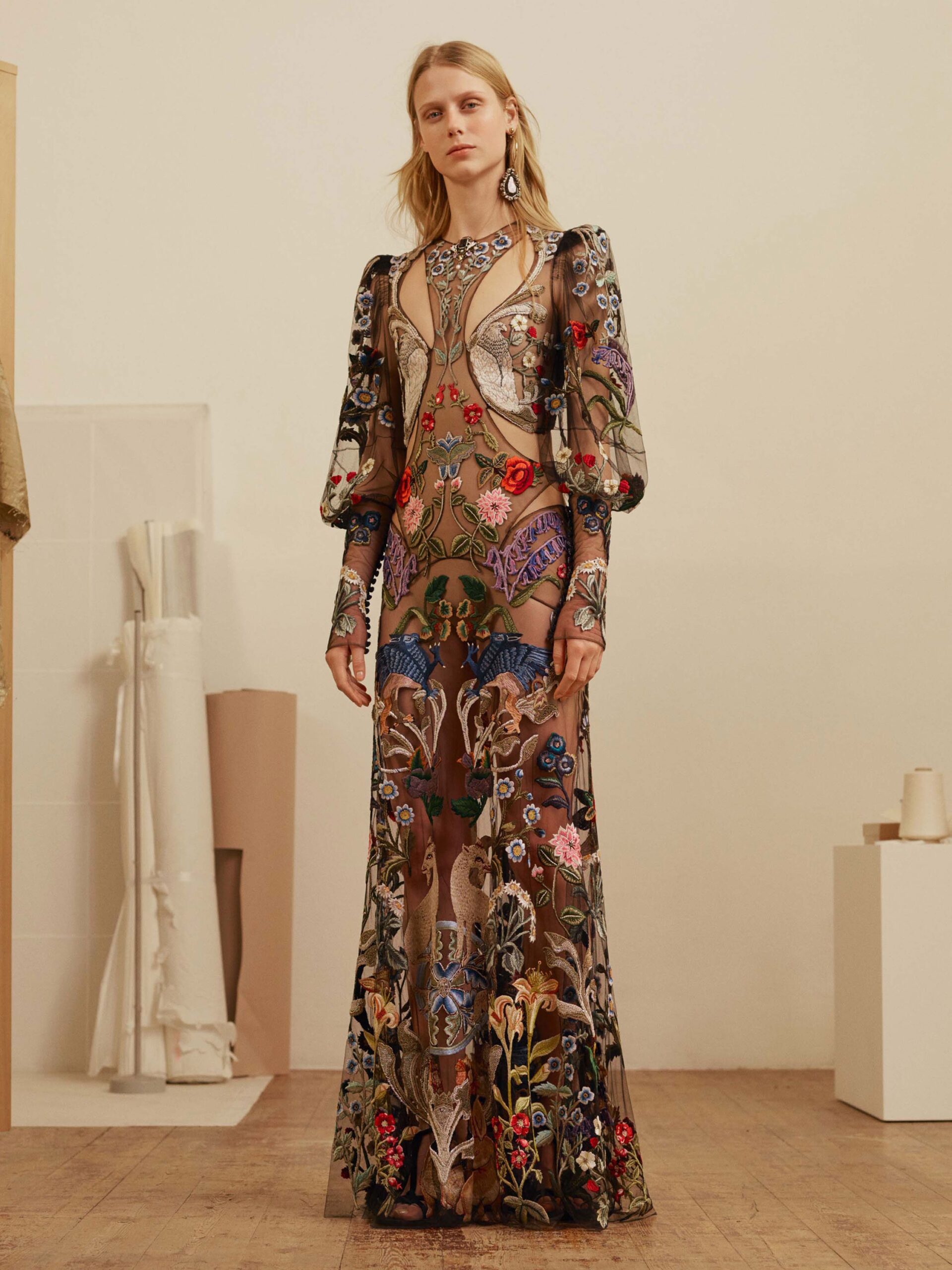 brown silk embroidered gown