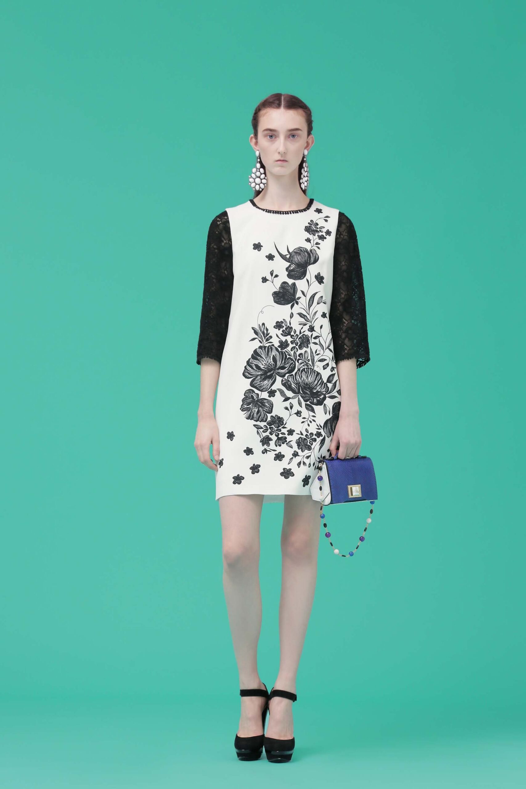white and black floral mini dress