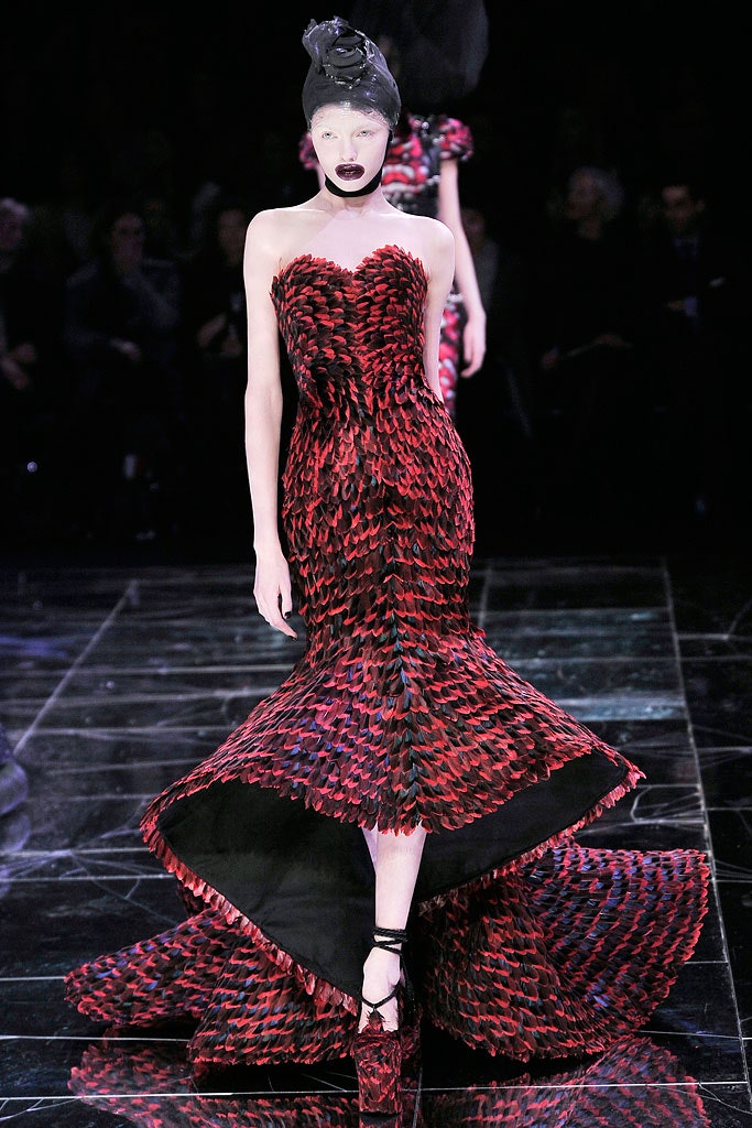 red and black strapless gown