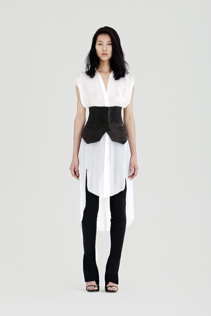 white shirt black corset pants