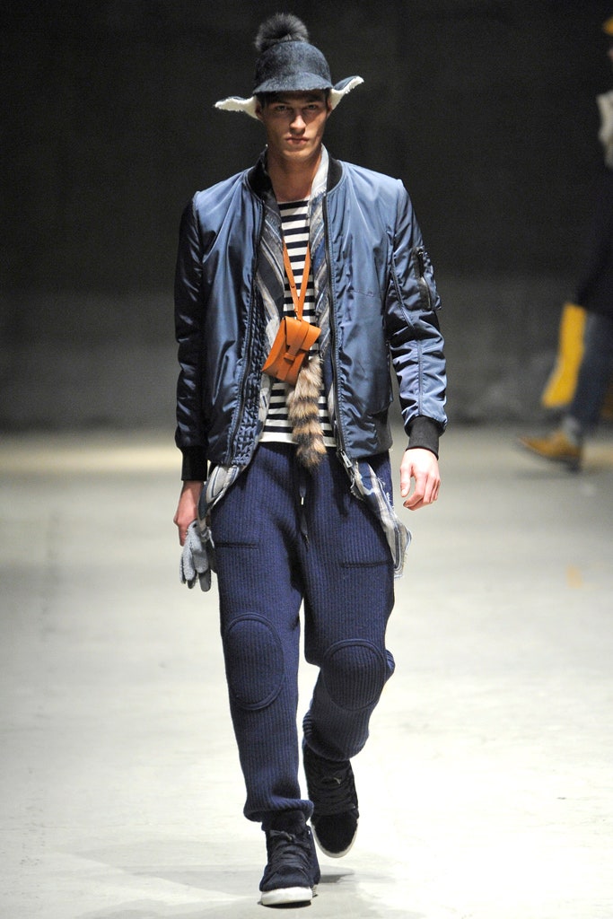 blue fitted jacket with relaxed pants