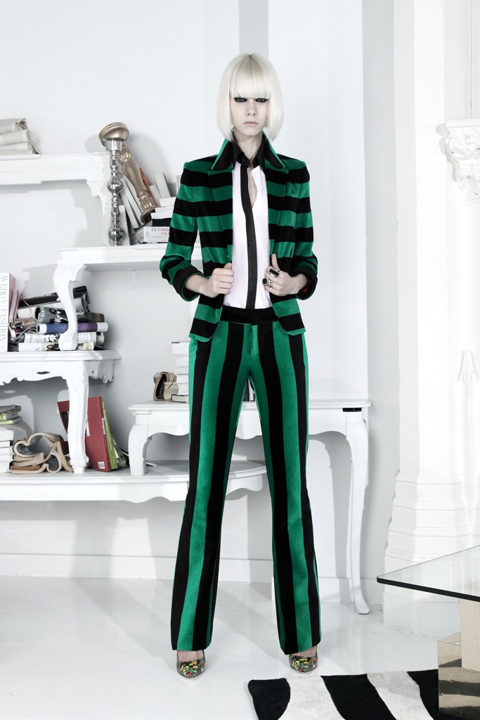 green silk long-sleeve collared tailored striped blazer