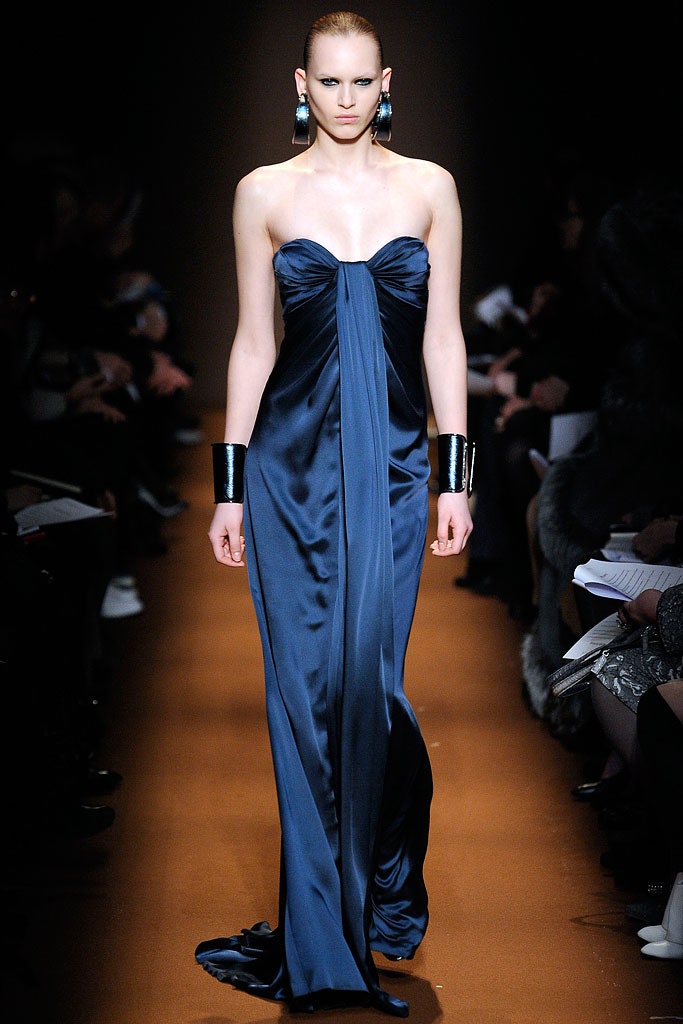 blue silk strapless gown