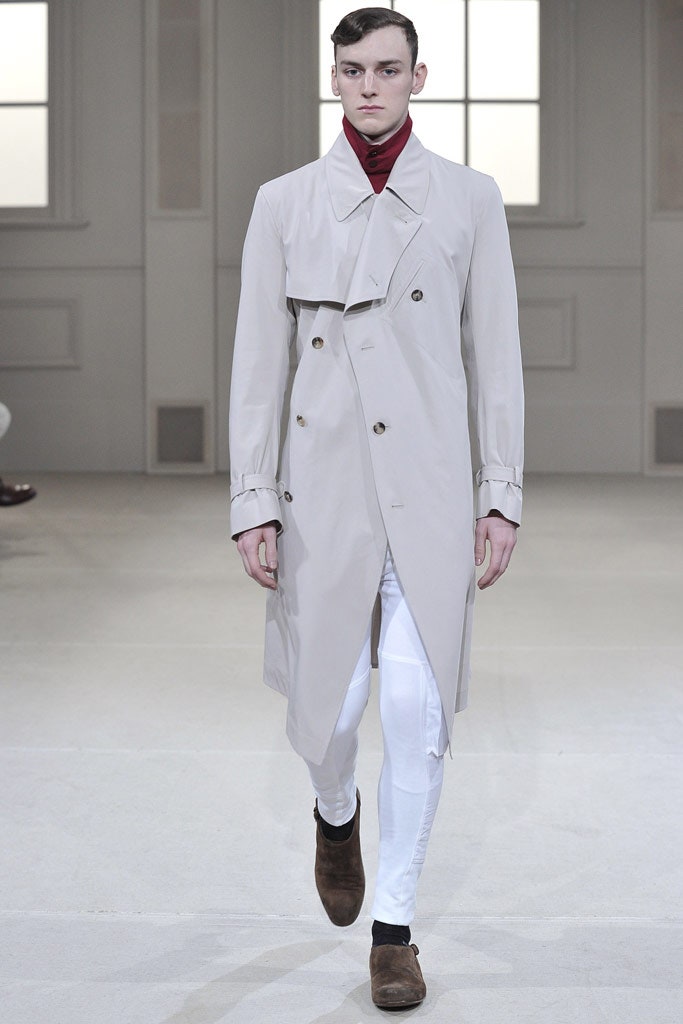 beige trench coat with red top