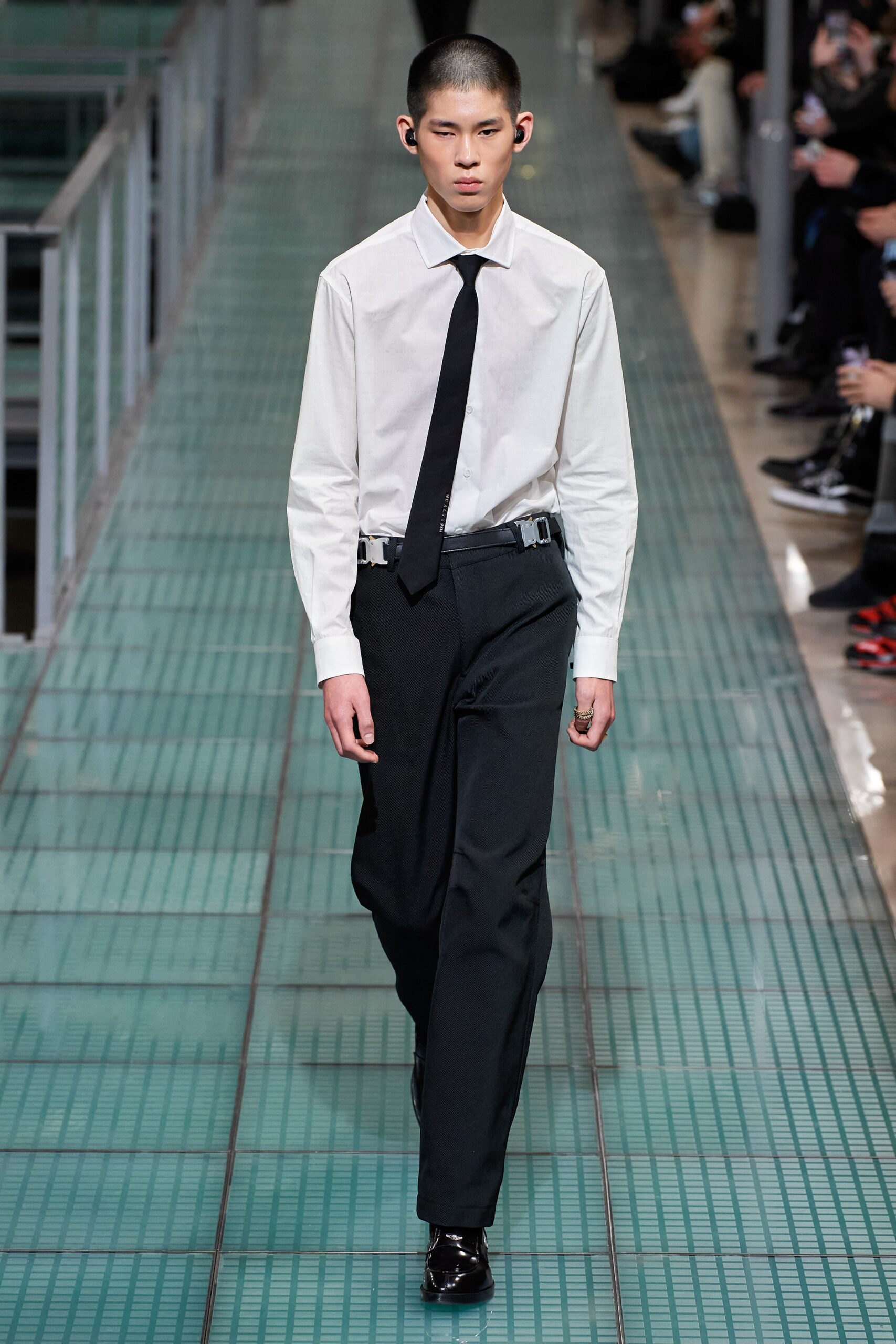 white fitted shirt black tailored pants
