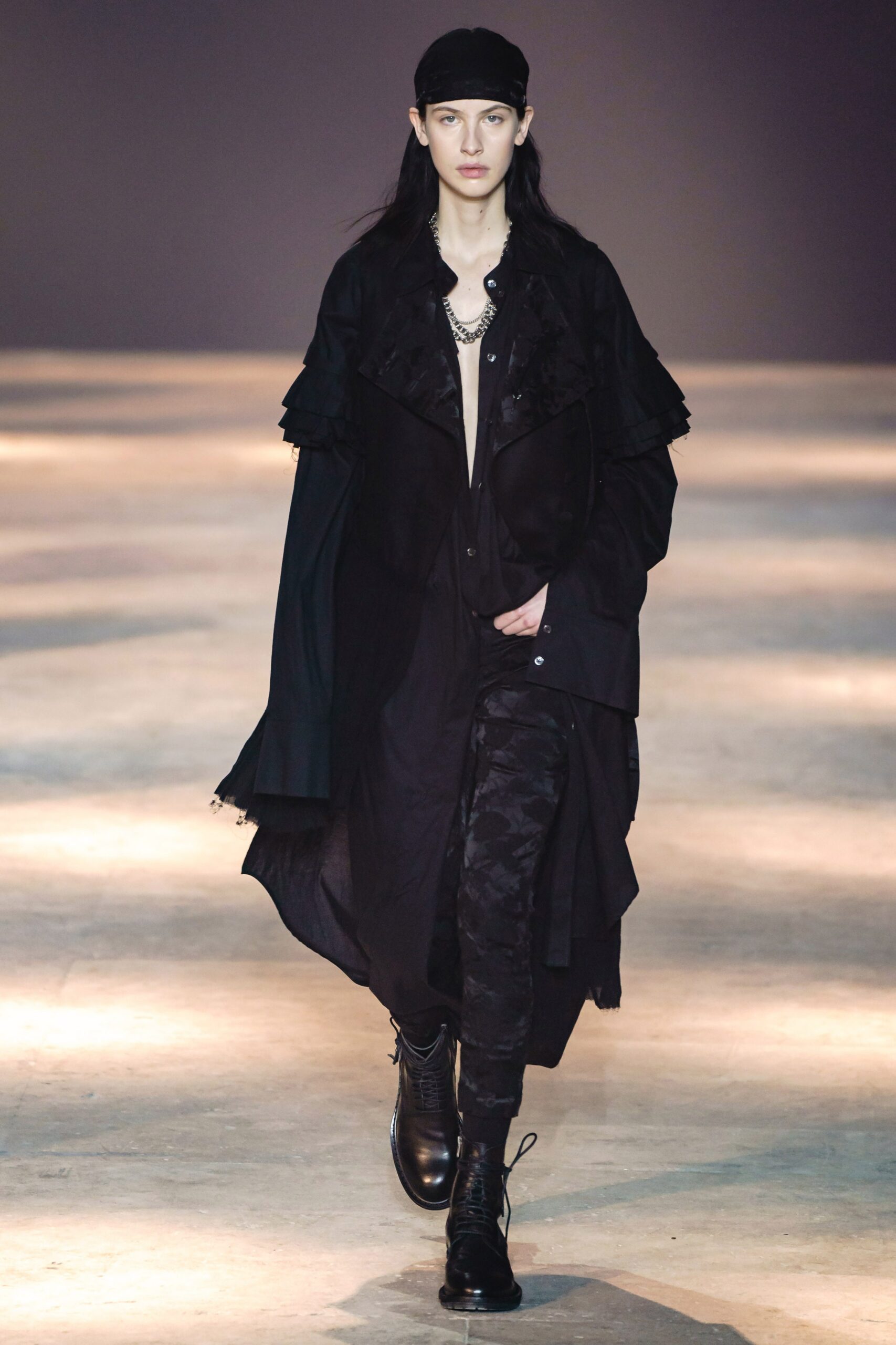 black cotton long-sleeve collared relaxed ruffled coat