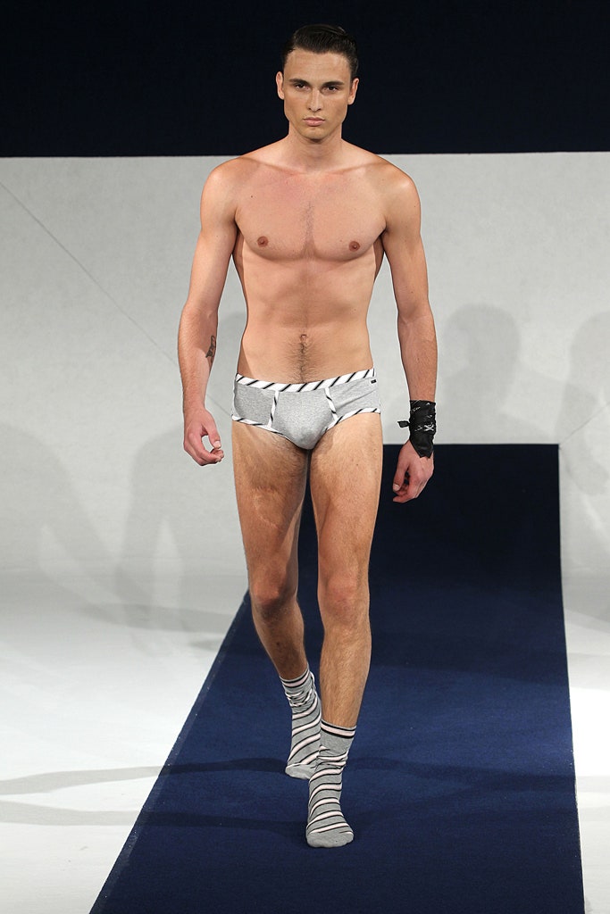gray striped swimsuit with socks