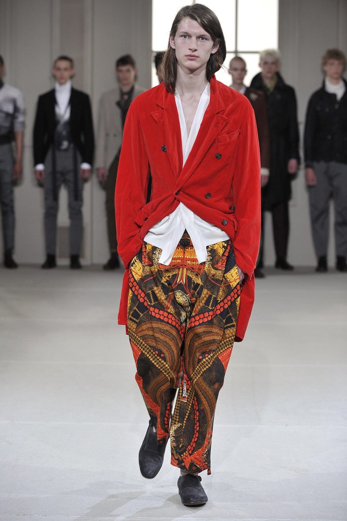 red velvet coat with printed pants