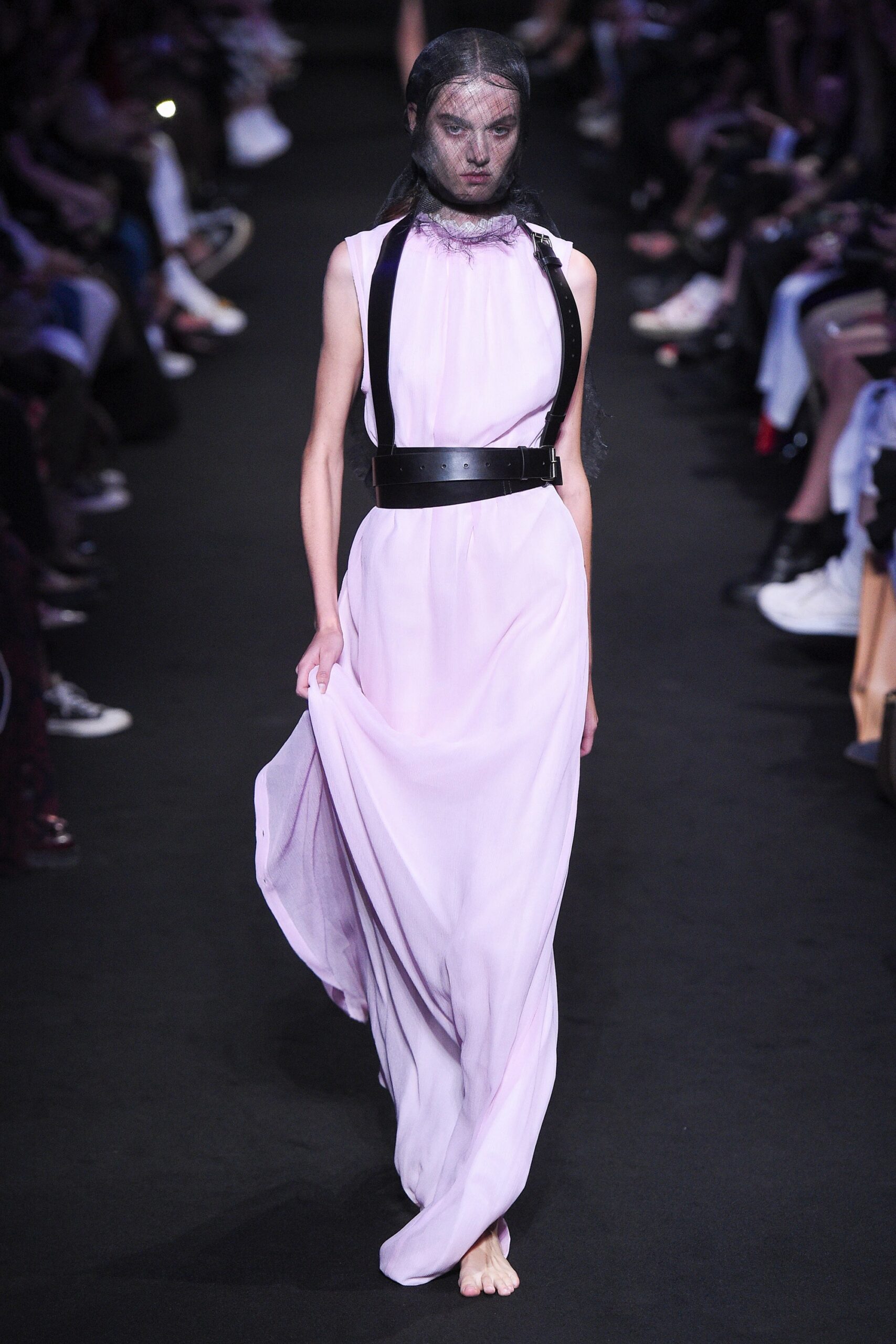 pink silk maxi dress with black belt