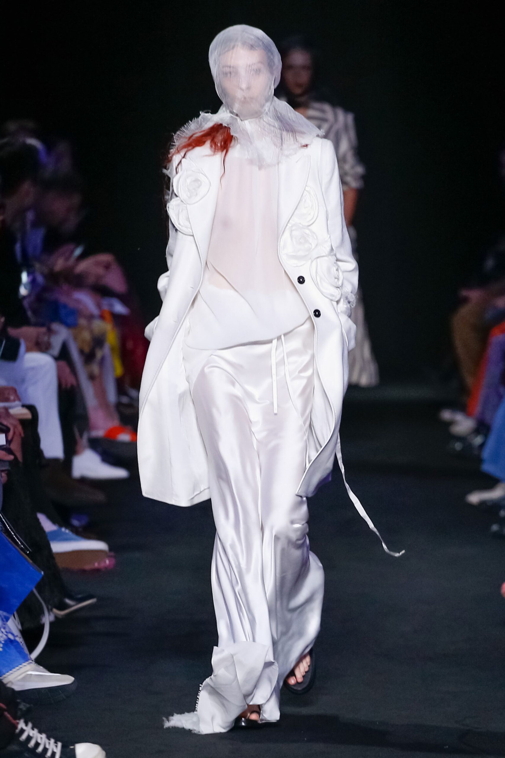 white silk long-sleeve collared relaxed buttoned coat