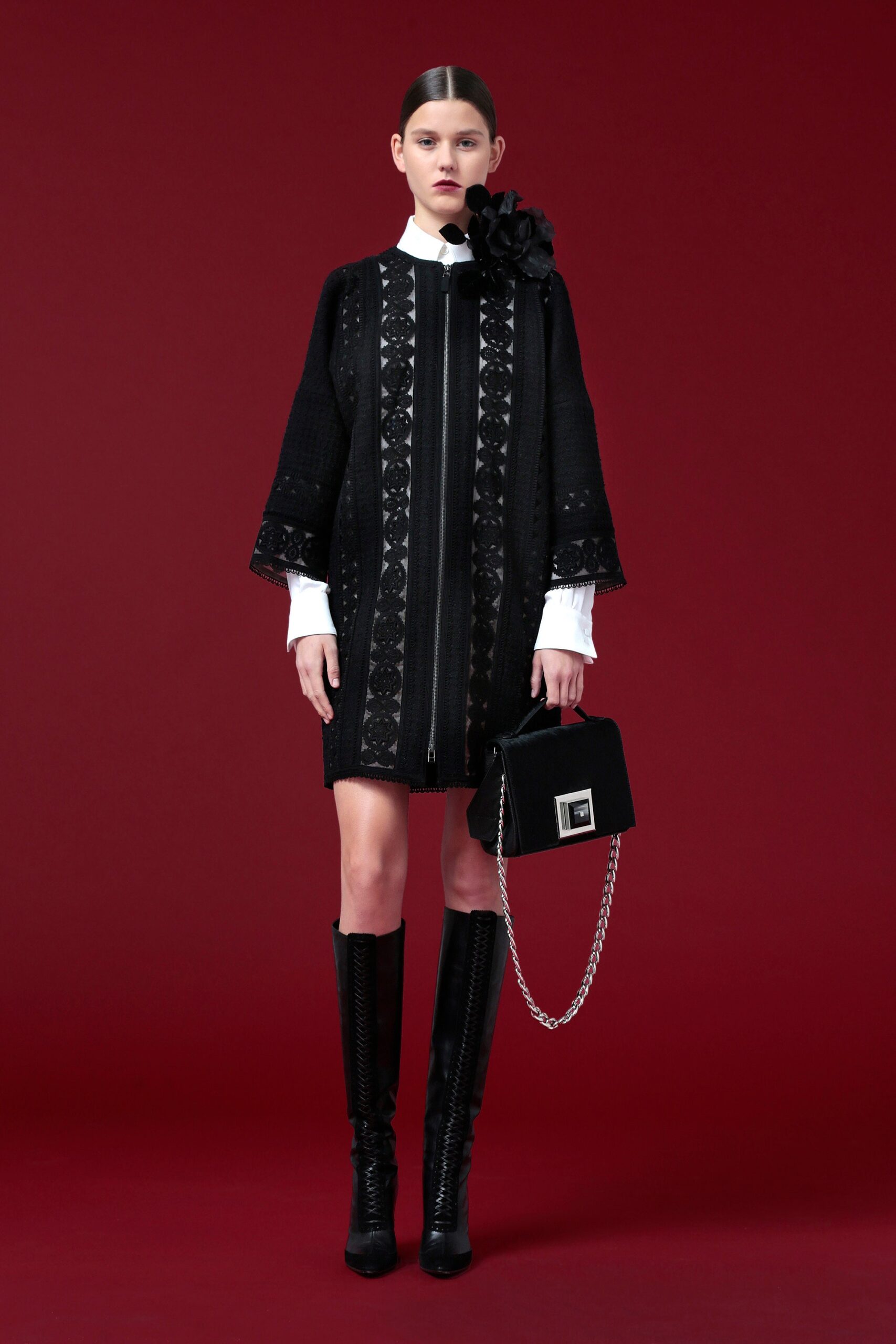 black fitted mini dress with boots