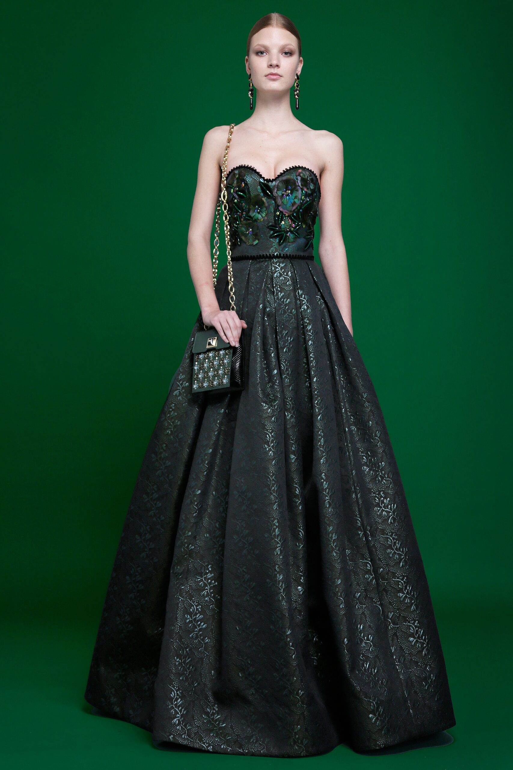 black silk strapless gown