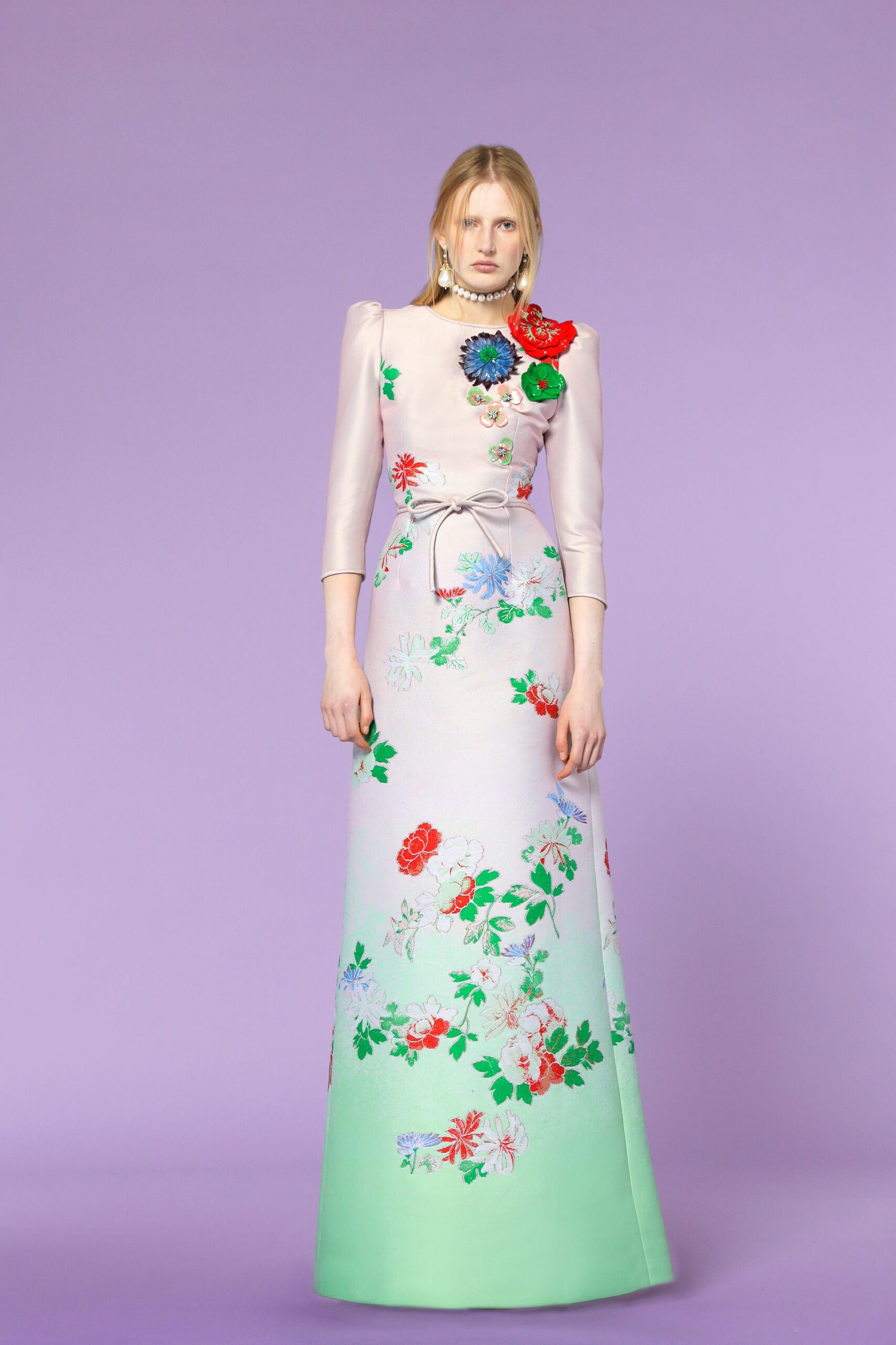 floral pink and green gown